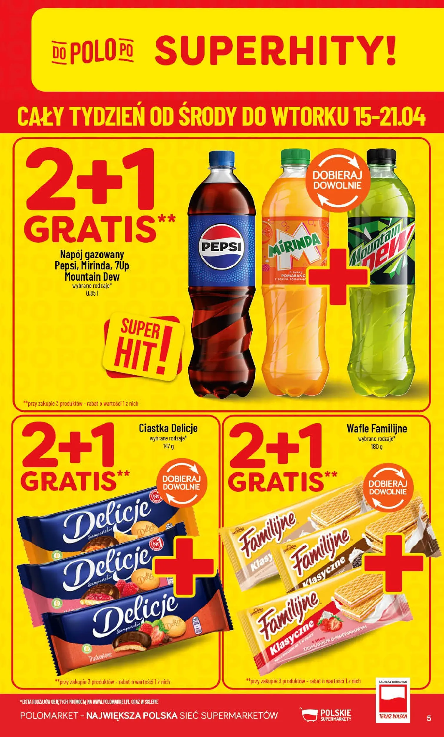 Nowa POLOmarket gazetka od jutra 15.04.2026 | Strona: 5 | Produkty: Wafle, Pepsi, Ciastka