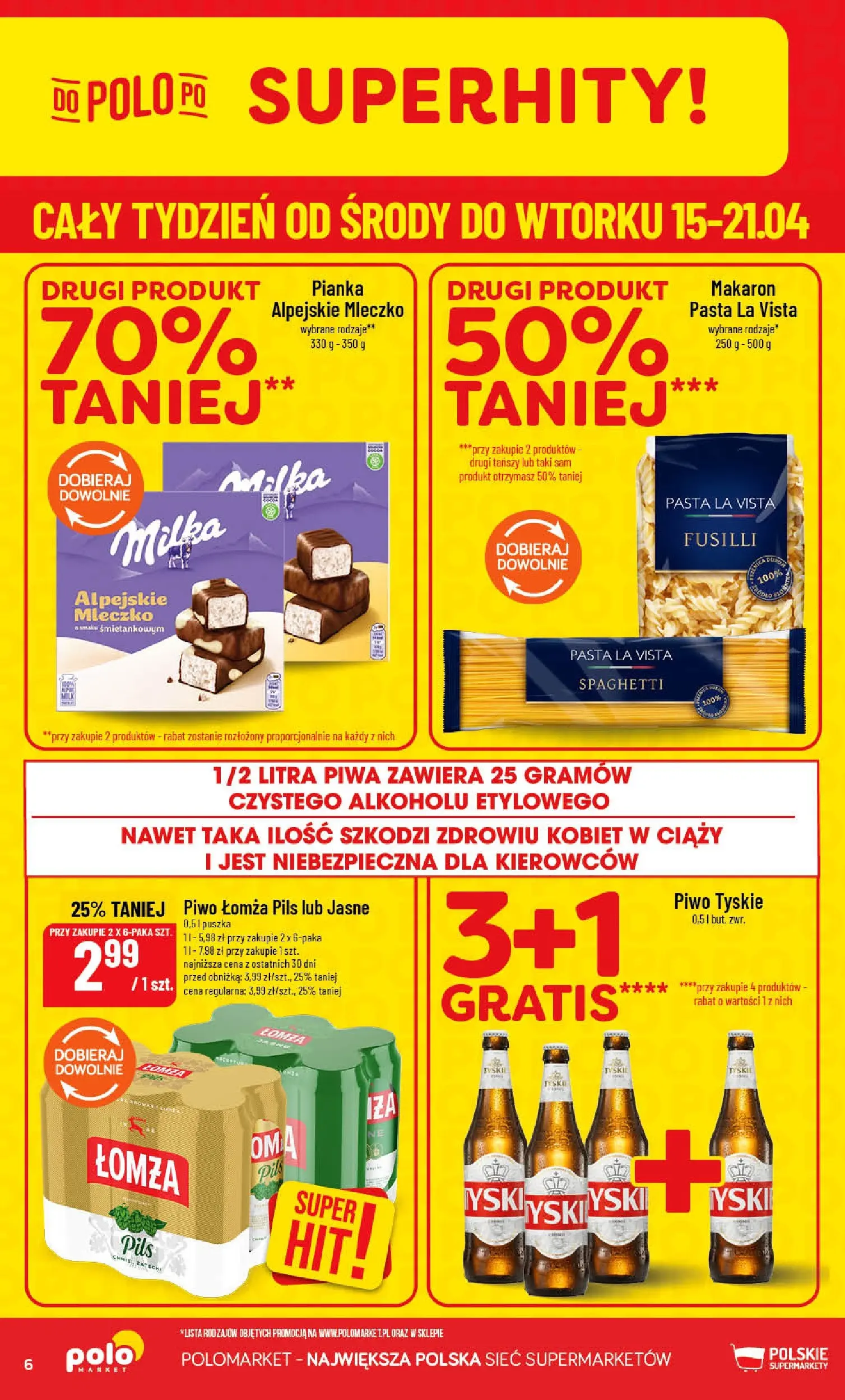 Nowa POLOmarket gazetka od jutra 15.04.2026 | Strona: 6 | Produkty: Milka, Tyskie, Piwo, Makaron