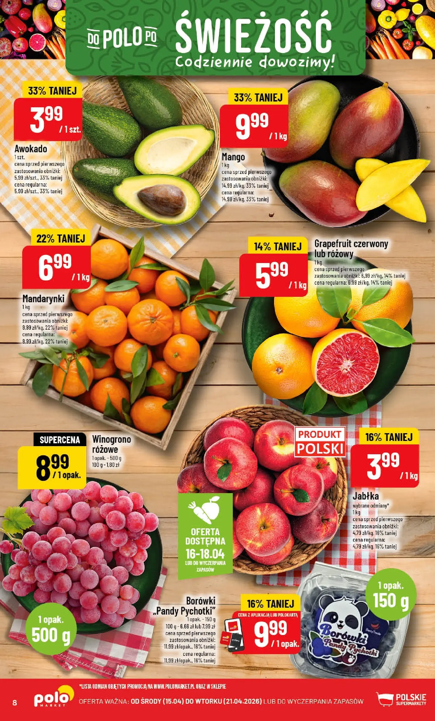 Nowa POLOmarket gazetka od jutra 15.04.2026 | Strona: 8 | Produkty: Mango, Winogrono, Mandarynki, Awokado