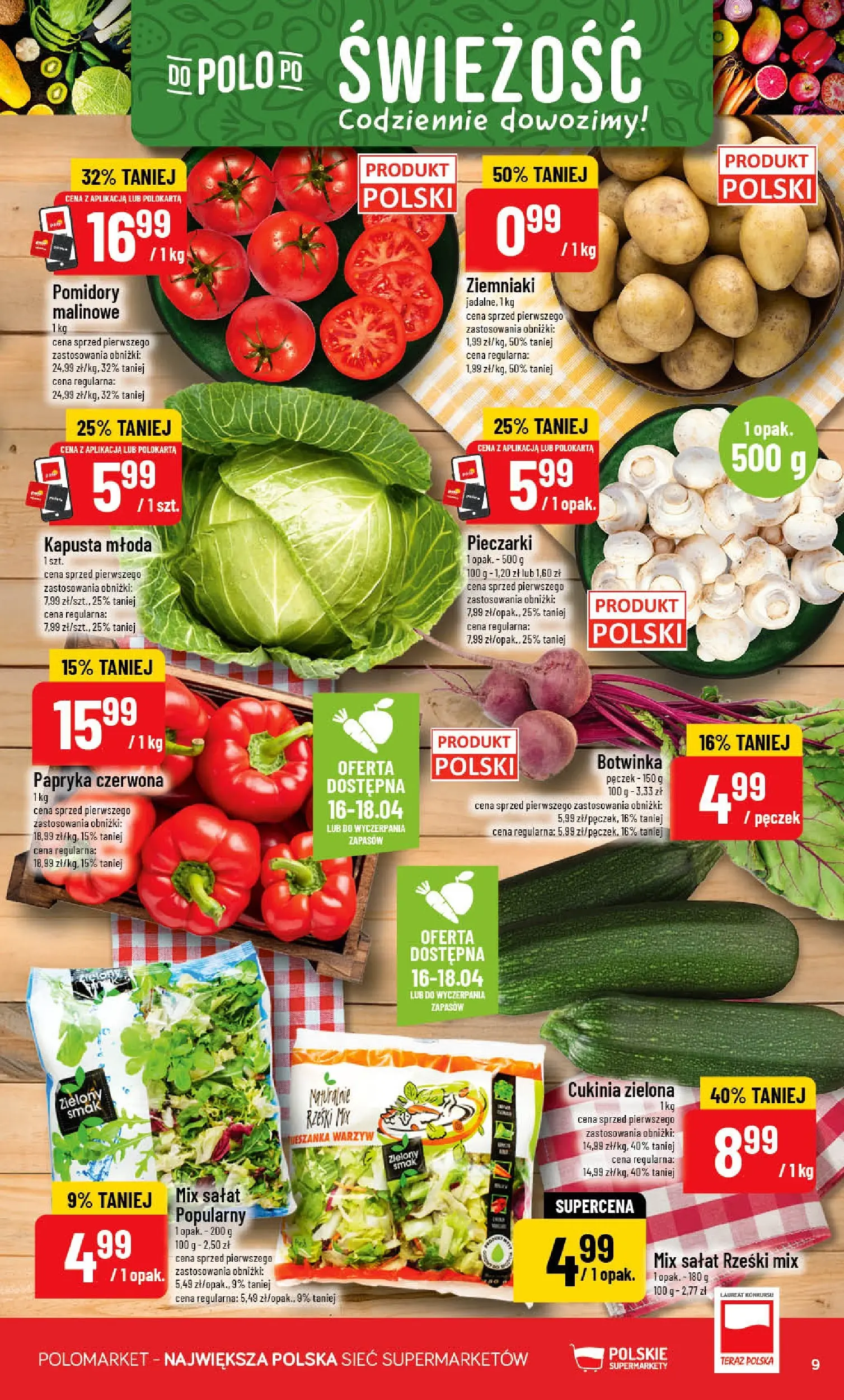 Nowa POLOmarket gazetka od jutra 15.04.2026 | Strona: 9 | Produkty: Papryka, Mix sałat, Papryka czerwona, Mieszanka warzyw