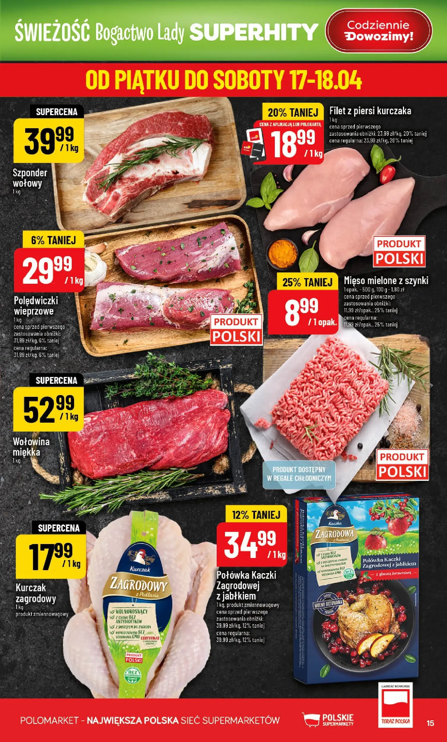 Nowa POLOmarket gazetka od jutra 15.04.2026 | Strona: 15 | Produkty: Mięso mielone z szynki, Mięso mielone, Kurczak zagrodowy, Wołowina
