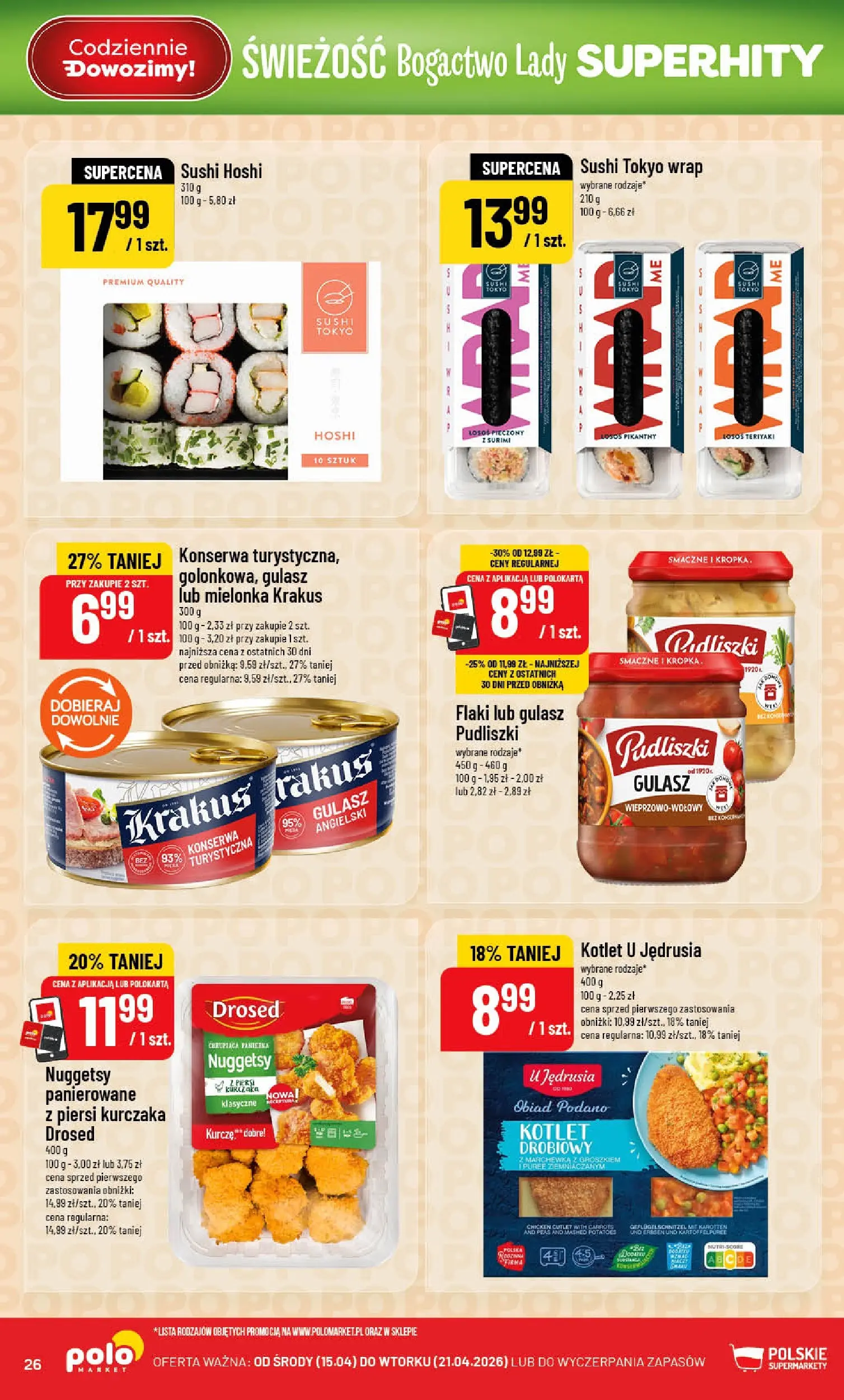 Nowa POLOmarket gazetka od jutra 15.04.2026 | Strona: 26 | Produkty: Piersi, Łosoś, Flaki, Sushi