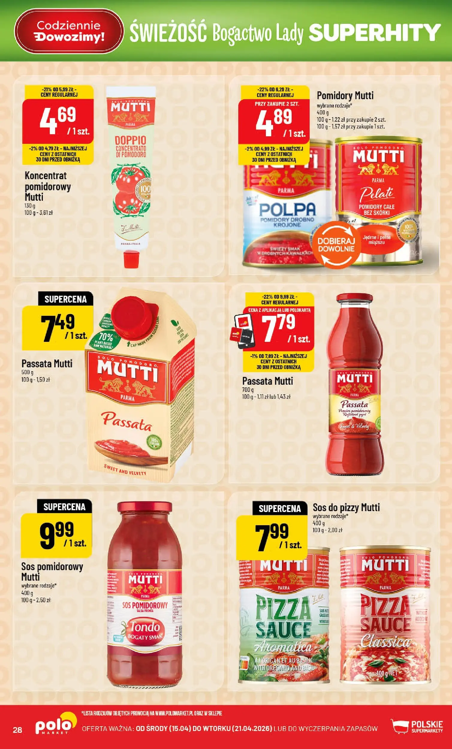 Nowa POLOmarket gazetka od jutra 15.04.2026 | Strona: 28 | Produkty: Sos do pizzy, Pizza, Pomidory, Sos