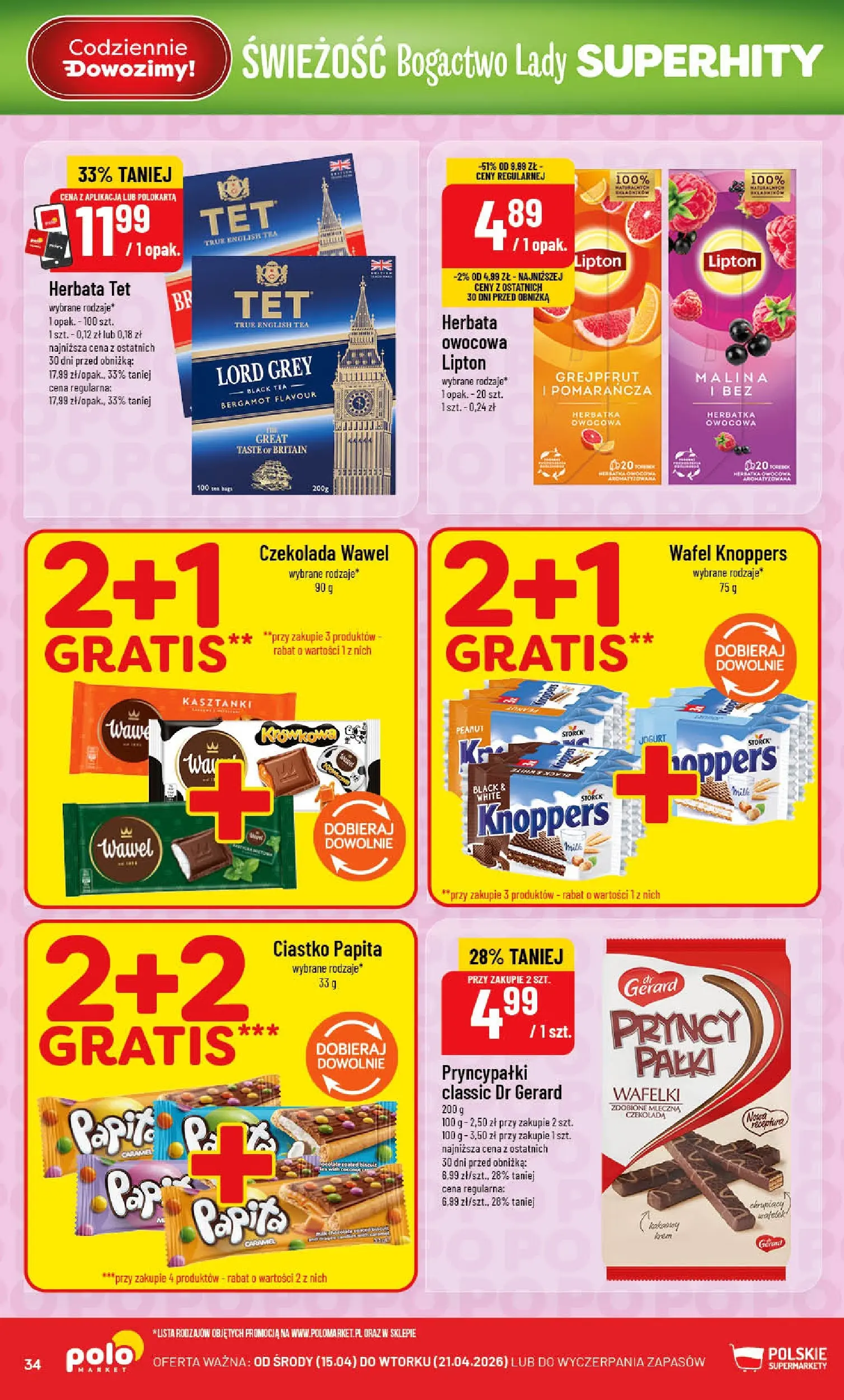 Nowa POLOmarket gazetka od jutra 15.04.2026 | Strona: 34 | Produkty: Knoppers, Malina, Czekolada, Herbata
