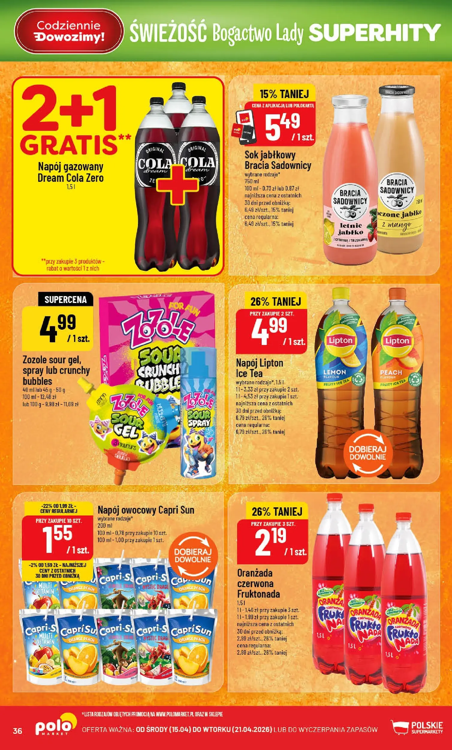 Nowa POLOmarket gazetka od jutra 15.04.2026 | Strona: 36 | Produkty: Ice Tea, Sok jabłkowy, Sok
