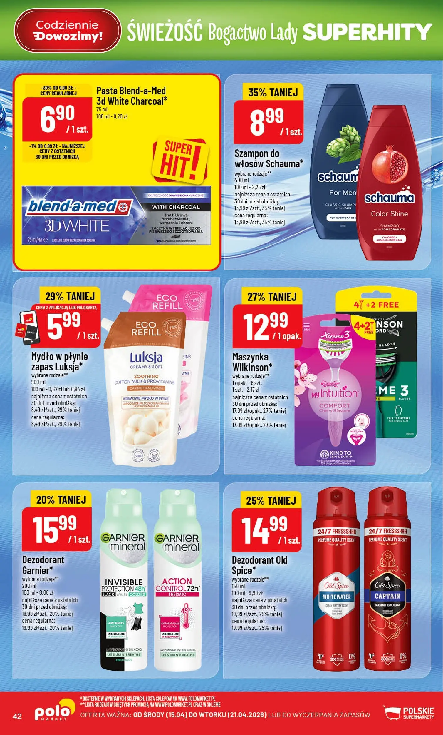 Nowa POLOmarket gazetka od jutra 15.04.2026 | Strona: 42 | Produkty: Mydło w płynie, Szampon, Mydło, Dezodorant