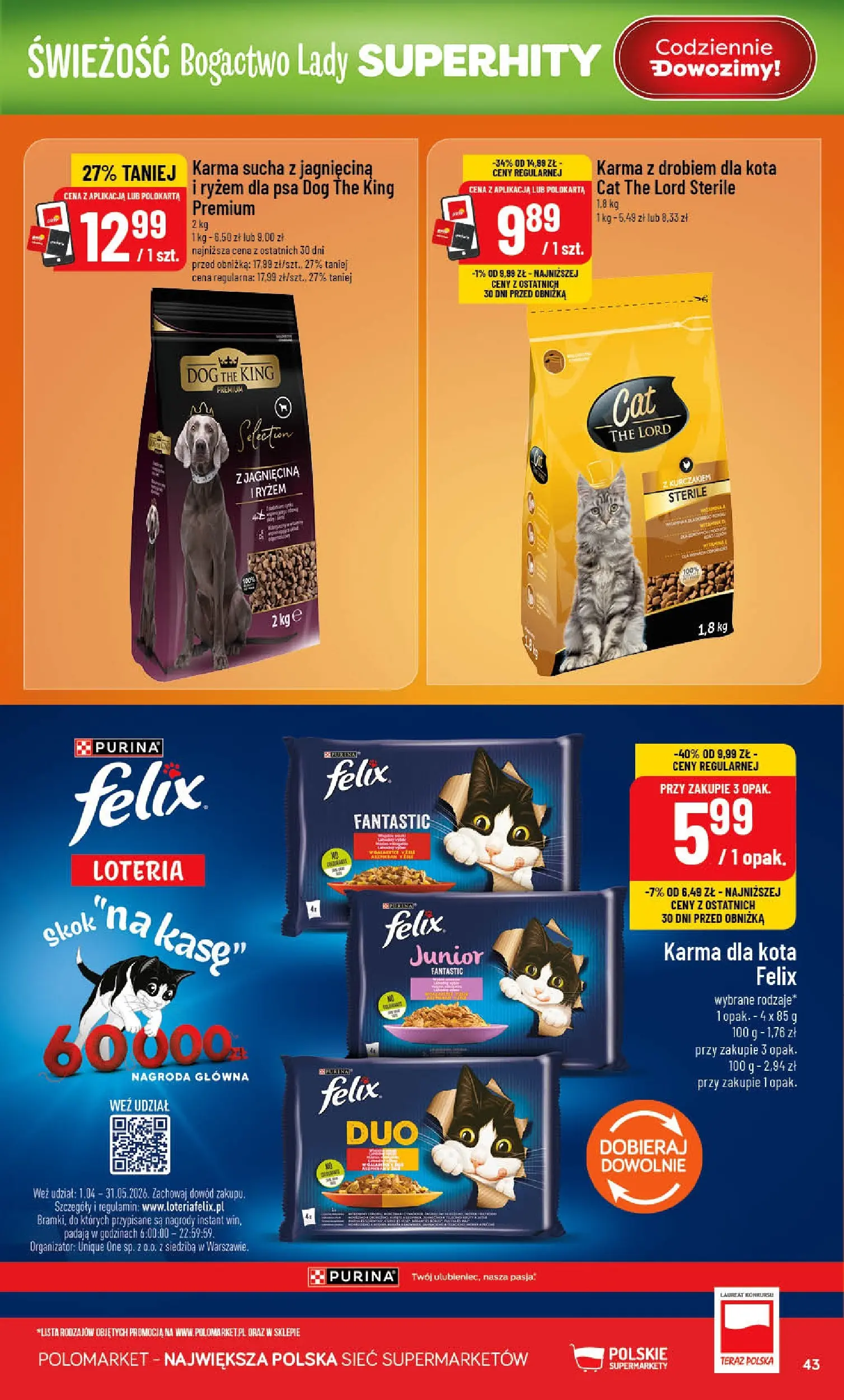 Nowa POLOmarket gazetka od jutra 15.04.2026 | Strona: 43 | Produkty: Jagnięcina, Karma dla kota