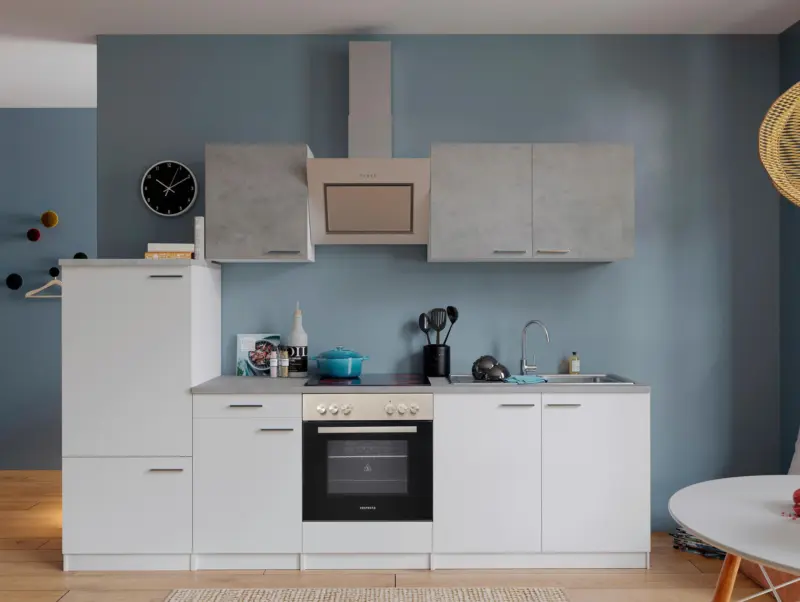 K&uuml;chenblock Malia mit Ger&auml;ten ca. 270 cm Wei&szlig;/Grau