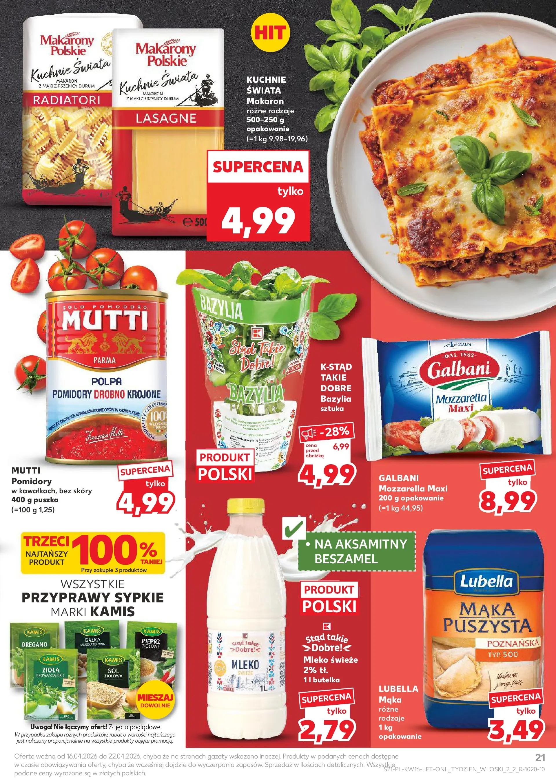 Kaufland gazetka od 16.04.2026 - od jutra PDF | Strona: 21 | Produkty: Lasagne, Mozzarella, Przyprawy, Pieprz
