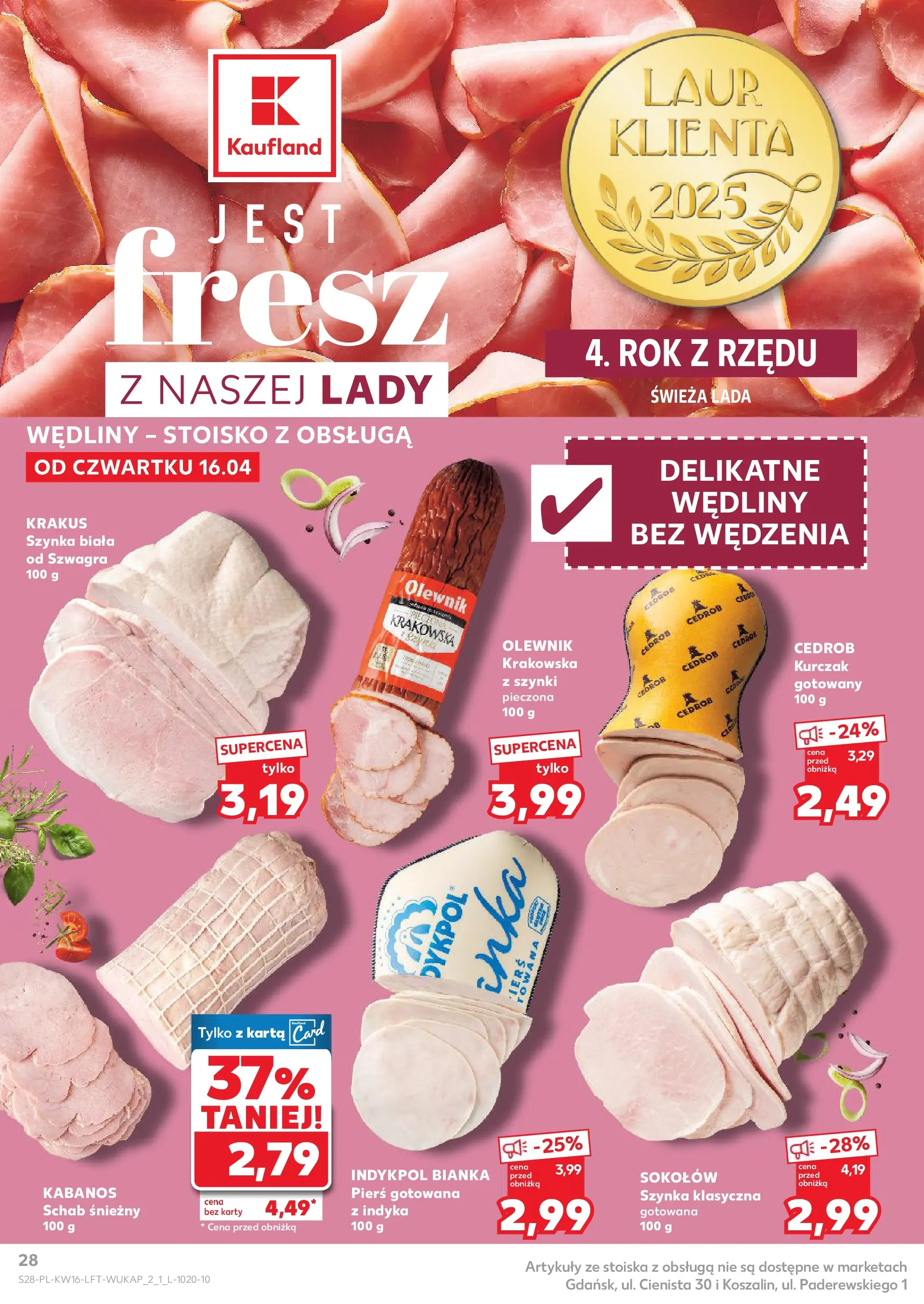 Kaufland gazetka od 16.04.2026 - od jutra PDF | Strona: 28 | Produkty: Karta, Kurczak, Szynka, Wędliny