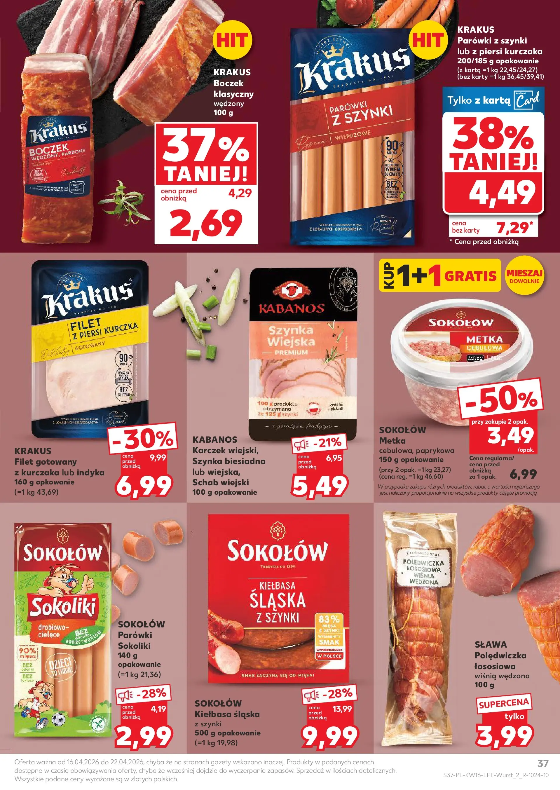 Kaufland gazetka od 16.04.2026 - od jutra PDF | Strona: 37 | Produkty: Parówki, Szynka, Kiełbasa śląska, Boczek