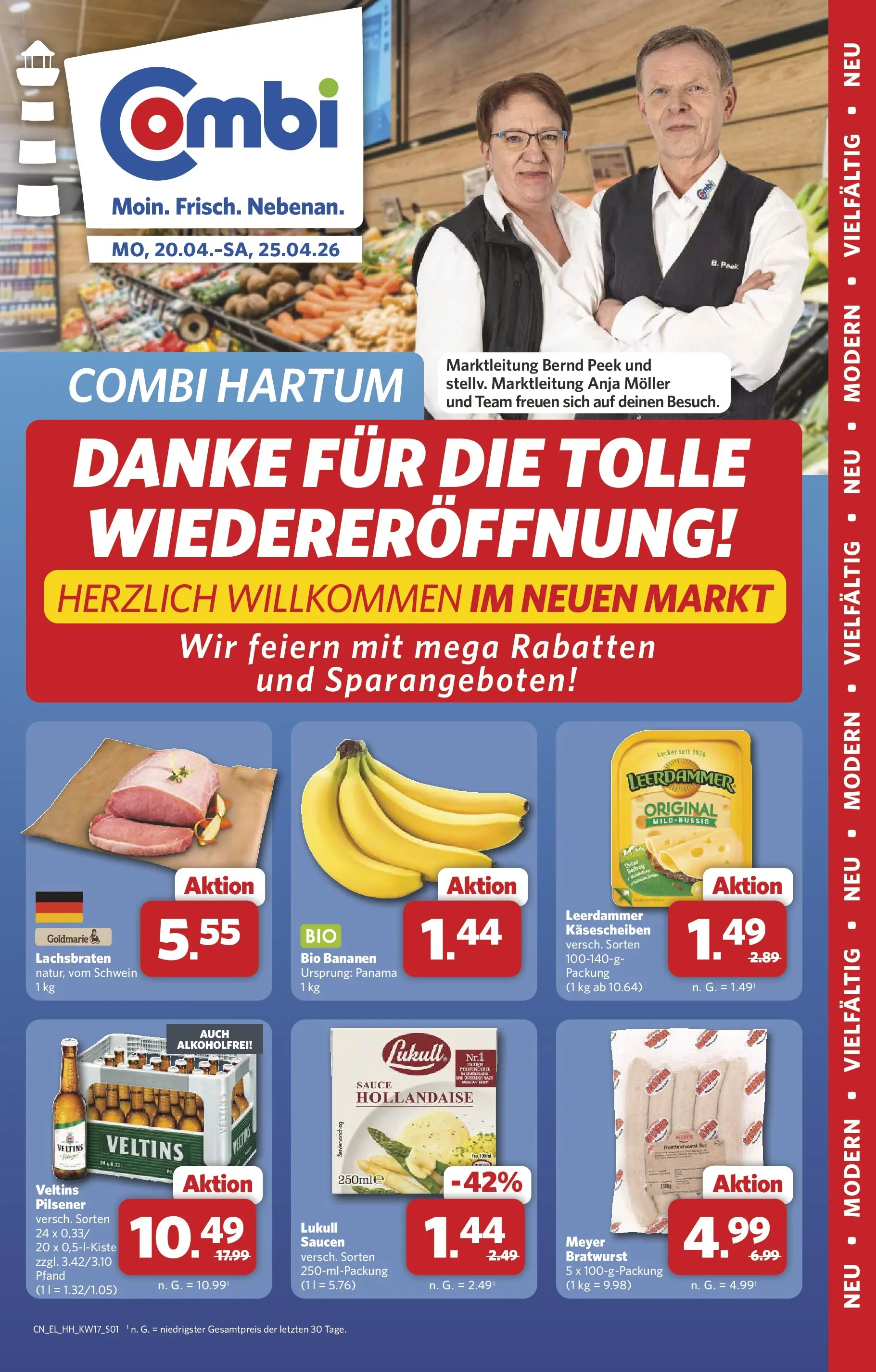 Combi Prospekt Hille (ab 20.04.2026) zum Blättern | Seite: 1 | Produkte: Bratwurst, Bananen, Leerdammer, Veltins