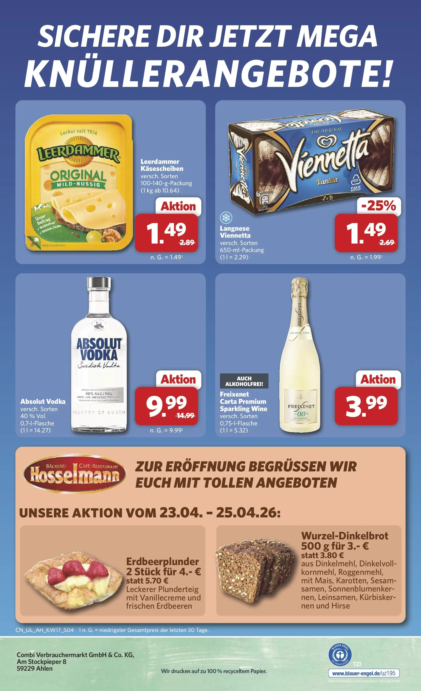 Combi Prospekt Ahlen (Westfalen) (ab 23.04.2026) zum Blättern | Seite: 4 | Produkte: Bäckerei, Leerdammer, Vodka, Erdbeeren