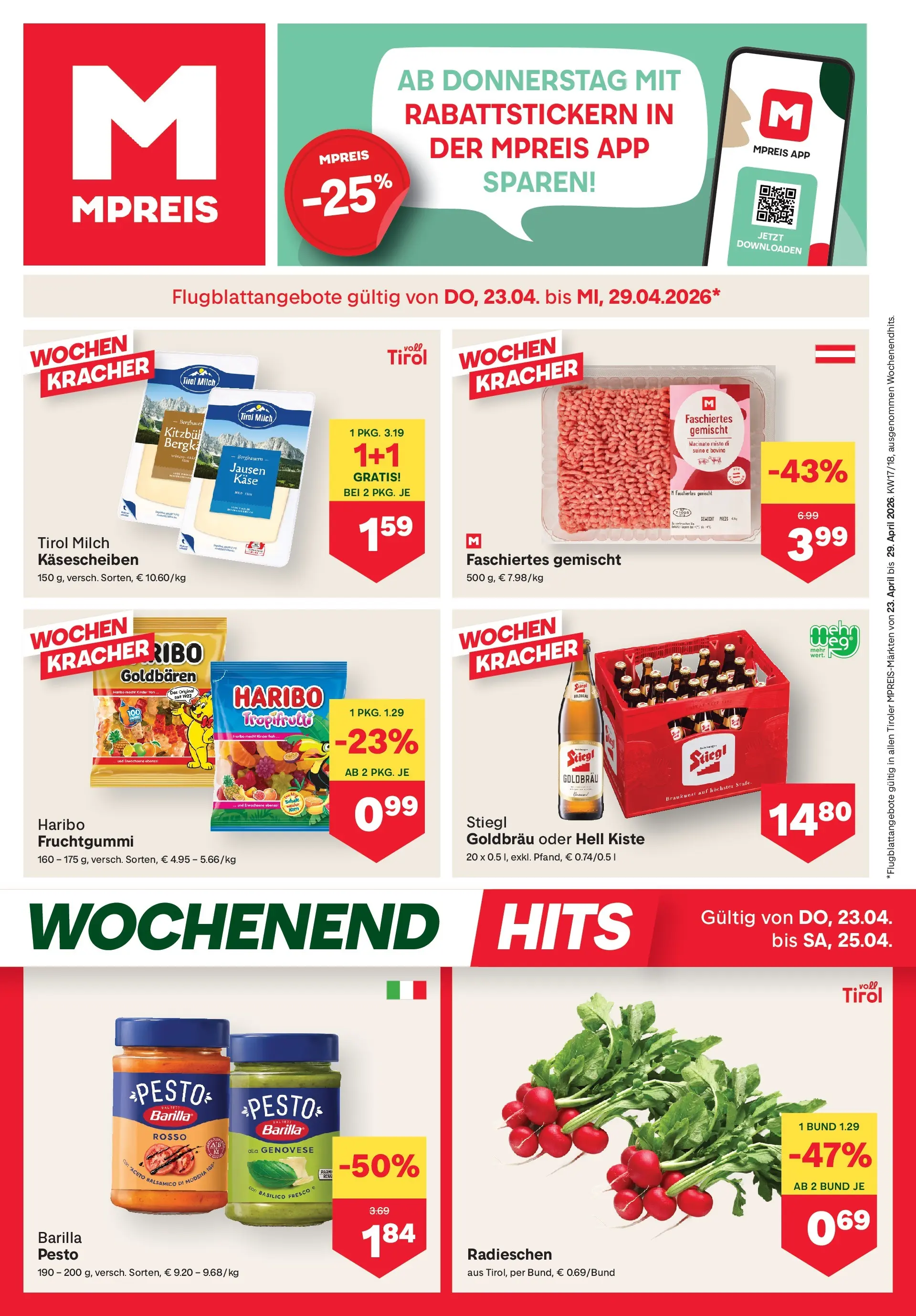 MPREIS Pfunds von 23.04.2026 - Aktuelle Angebote | Seite: 1 | Produkte: Milch, Käse