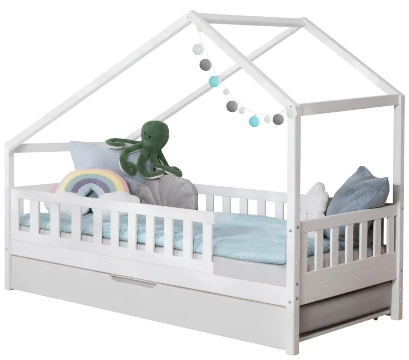 Hausbett Lou m. Zusatzbett ca. 100x200 cm Holz Wei&szlig;