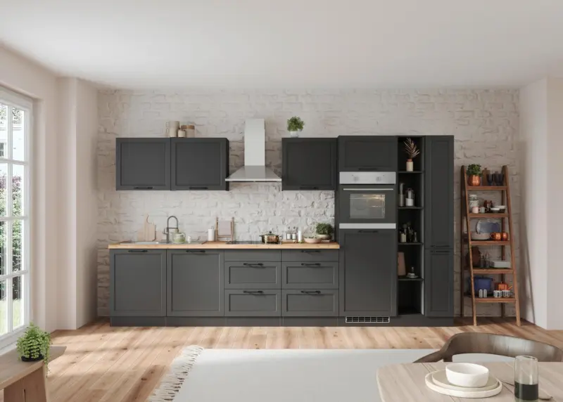 K&uuml;chenzeile Meran ohne Ger&auml;te ca. 360 cm Grau/Eiche Dekor