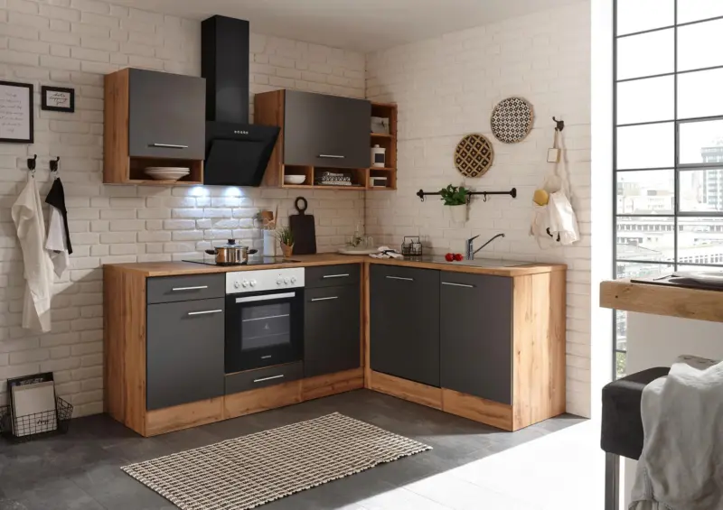 Eckk&uuml;che Hilde ohne Ger&auml;te ca. 220x172 cm Grau, Wildeiche