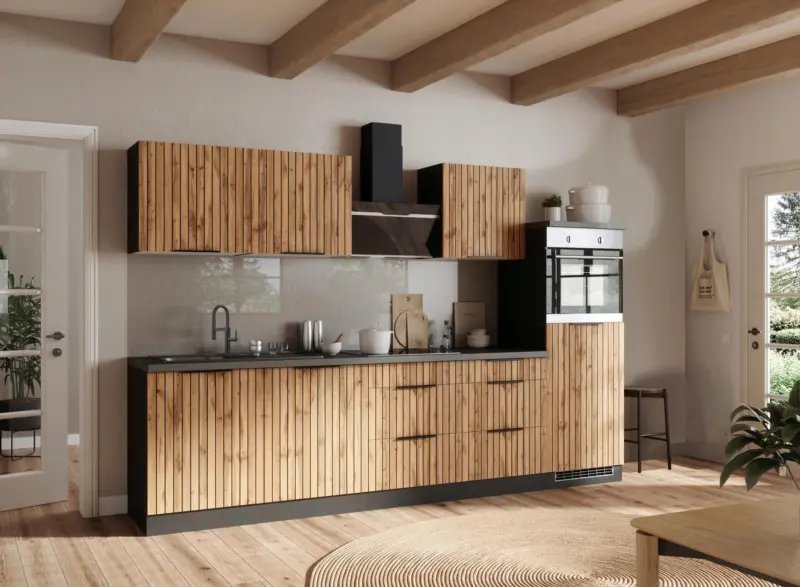 K&uuml;chenblock Liverpool m. Ger&auml;ten Schwarz/Eichefarben