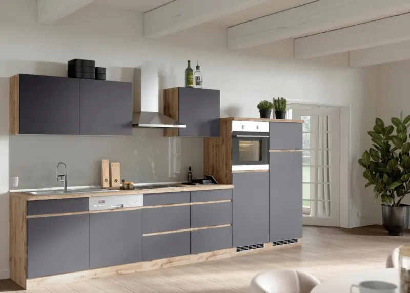 K&uuml;chenzeile Turin mit Ger&auml;ten ca. 360 cm Grau/Wotan Eiche