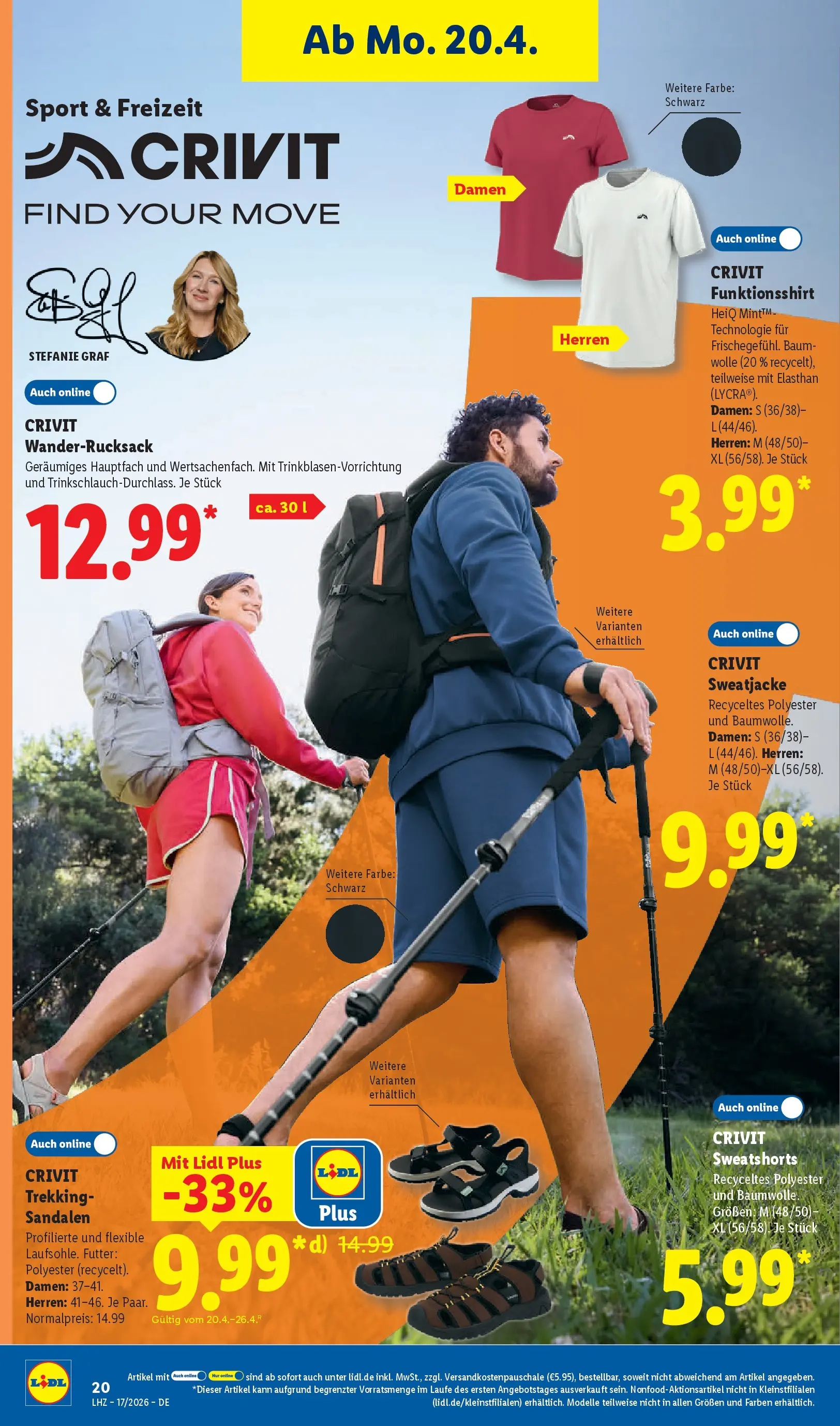 Lidl Prospekt Zülpich (ab 19.04.2026) zum Blättern » Angebote | Seite: 32 | Produkte: Sweatjacke, Sweatshorts, Wanderrucksack, Sandalen