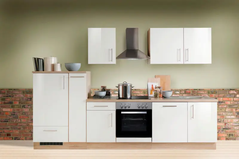 Menke K&uuml;chenblock Premium Wei&szlig; Hochgl./Eiche ca.300 cm