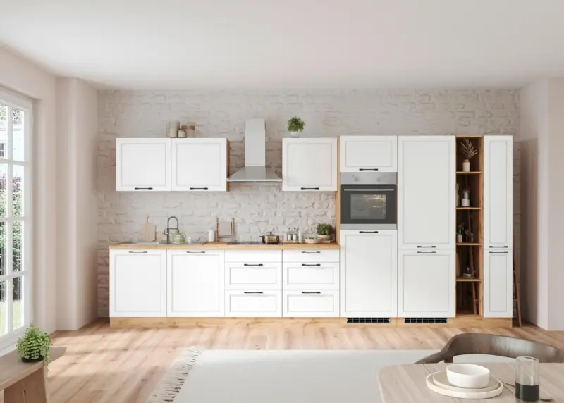 K&uuml;chenzeile Meran mit Ger&auml;ten ca. 420 cm Wei&szlig;/Eiche Dekor