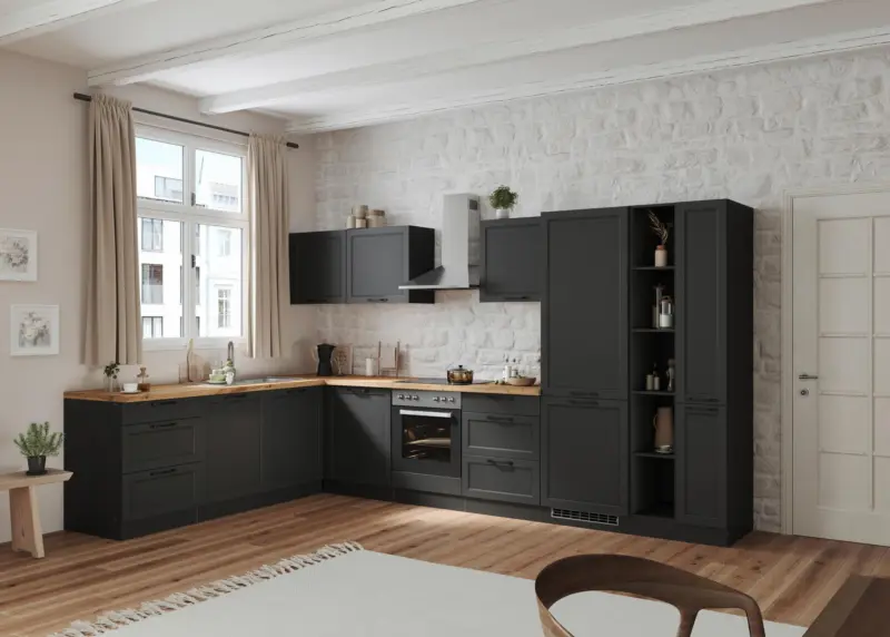 Eckk&uuml;che Meran mit Ger&auml;ten ca. 240x360 cm Grau/Eiche