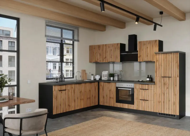 Eckk&uuml;che Liverpool m. Ger&auml;ten ca. 300x240cm Graphit/Eiche