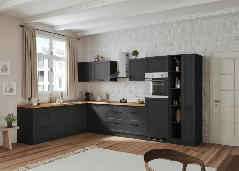 Eckk&uuml;che Meran mit Ger&auml;ten ca. 240x360cm Grau/Eiche