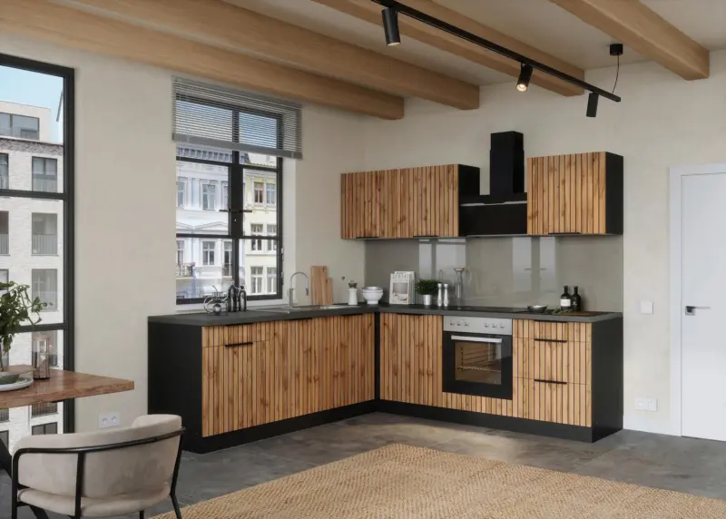 Eckk&uuml;che Liverpool m. Ger&auml;ten ca. 240x240cm Graphit/Eiche