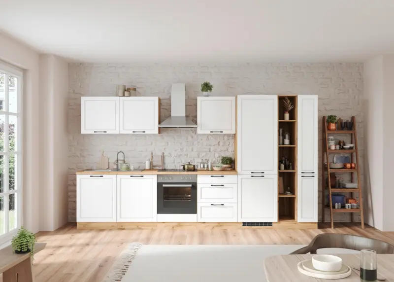 K&uuml;chenzeile Meran mit Ger&auml;ten ca. 360cm Wei&szlig;/Eiche