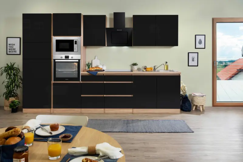 K&uuml;chenblock Lorena mit Ger&auml;ten ca. 335 cm Schwarz Hochglanz
