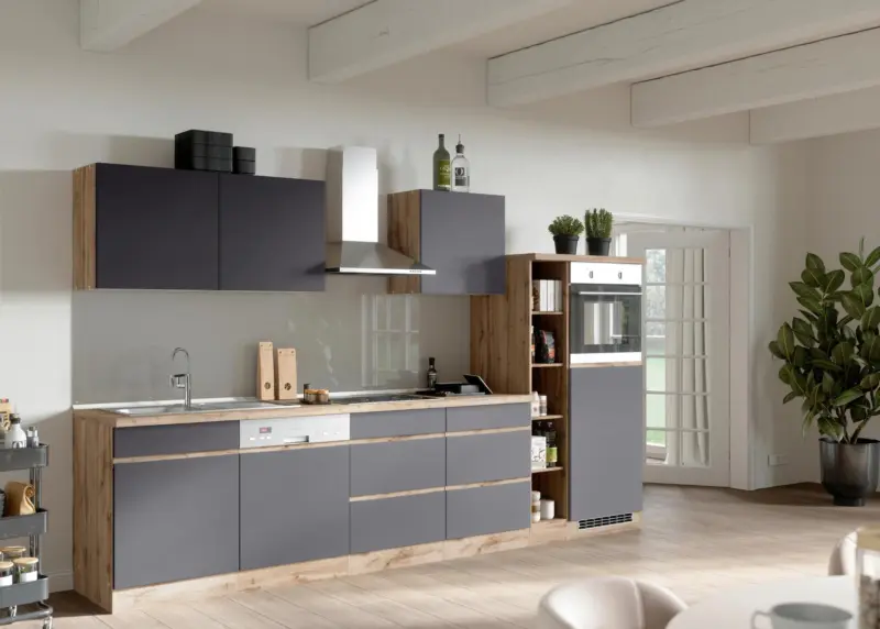 K&uuml;chenzeile Turin mit Ger&auml;ten ca. 330 cm Grau/Wotan Eiche