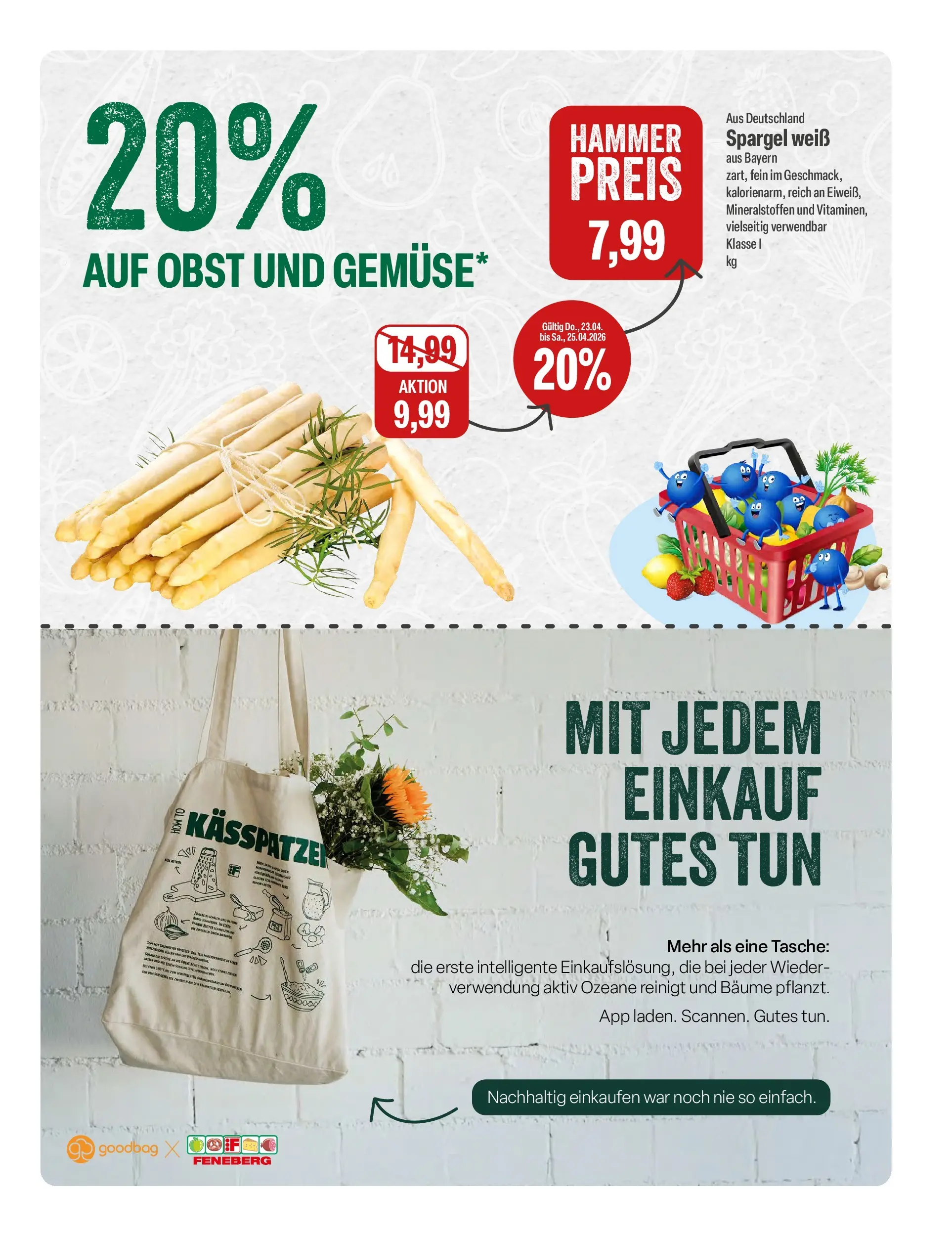 Feneberg Aktuelle Angebote (ab 22.04.2026) zum Blättern | Seite: 5 | Produkte: Tasche, Spargel, Obst