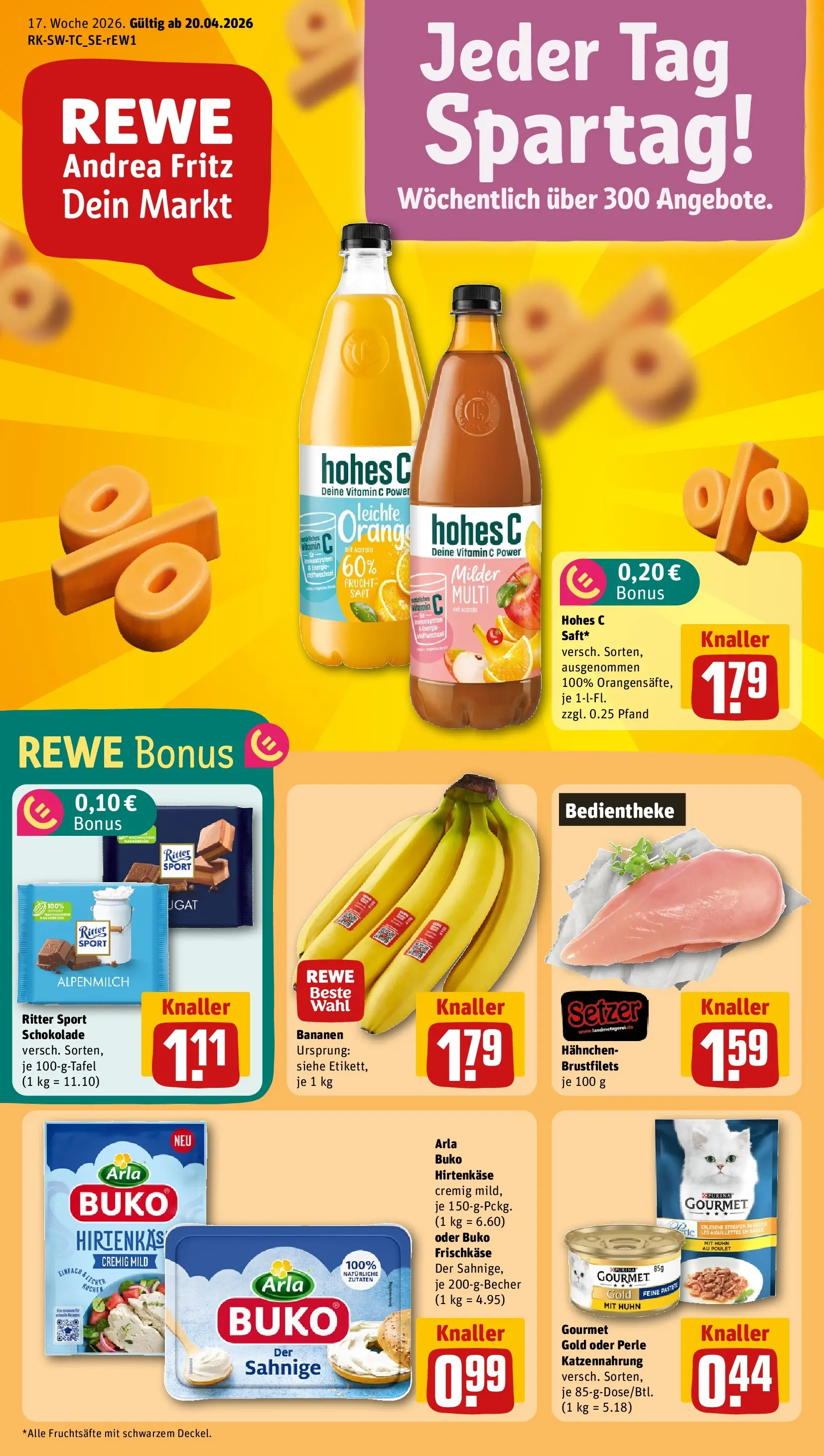 REWE Prospekt ab 20.04.2026 zum Blättern » Angebote | Seite: 1 | Produkte: Schokolade, Bananen, Hohes c, Frischkase