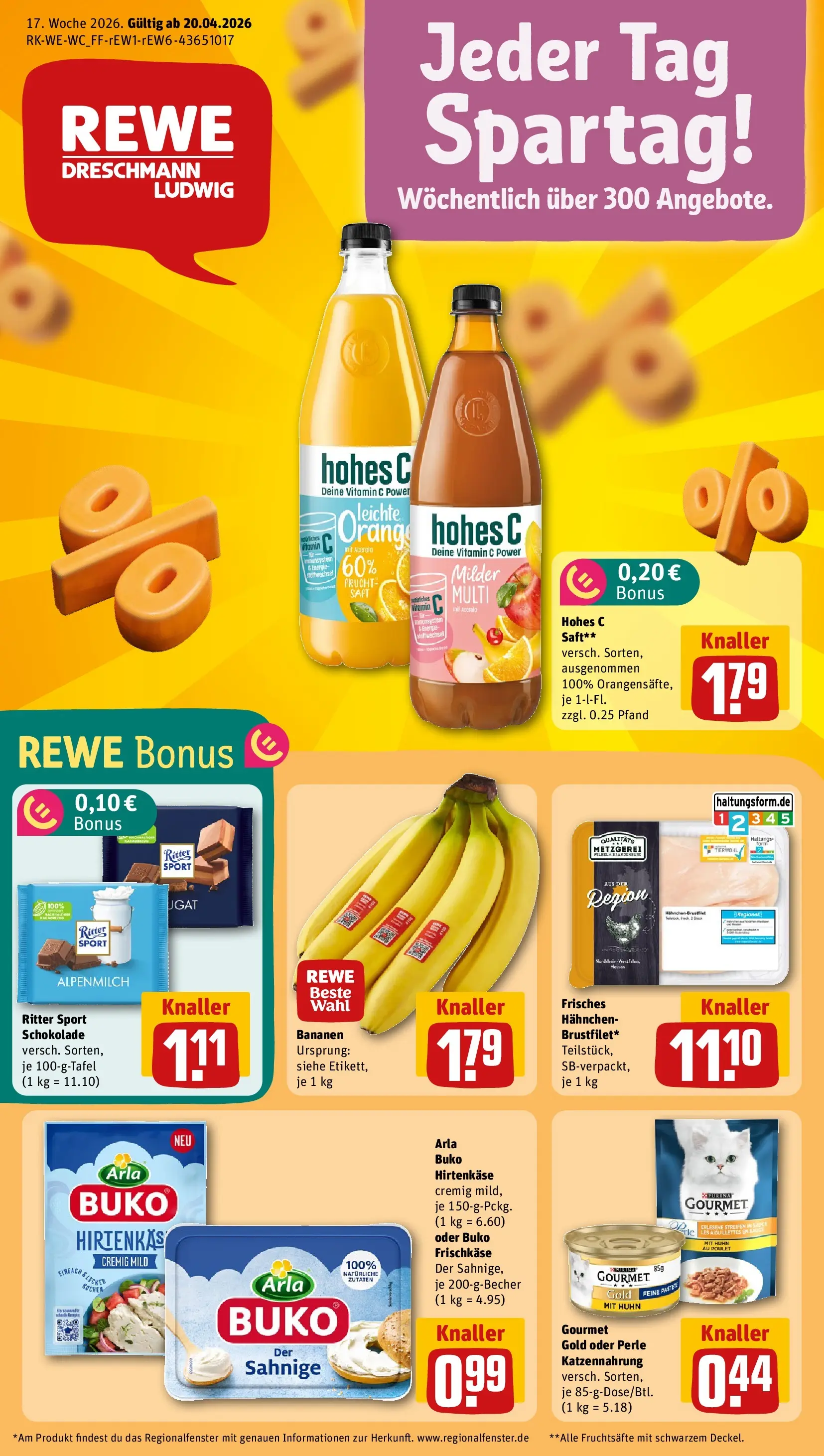 REWE Prospekt ab 20.04.2026 zum Blättern » Angebote | Seite: 1 | Produkte: Hahnchen, Ritter sport, Hohes c, Frischkase