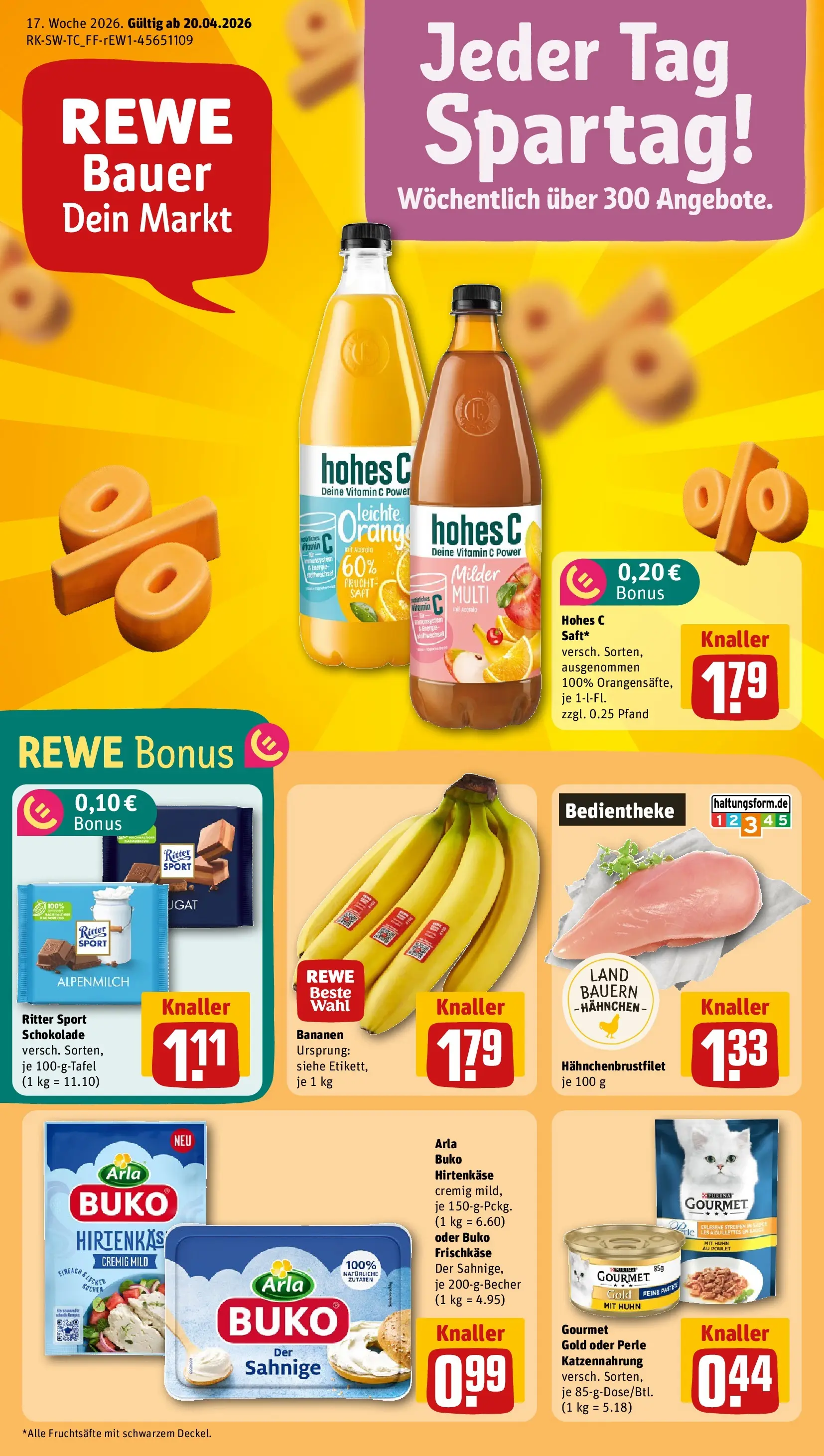 REWE Prospekt ab 20.04.2026 zum Blättern » Angebote | Seite: 1 | Produkte: Hahnchen, Bananen, Hohes c, Frischkase