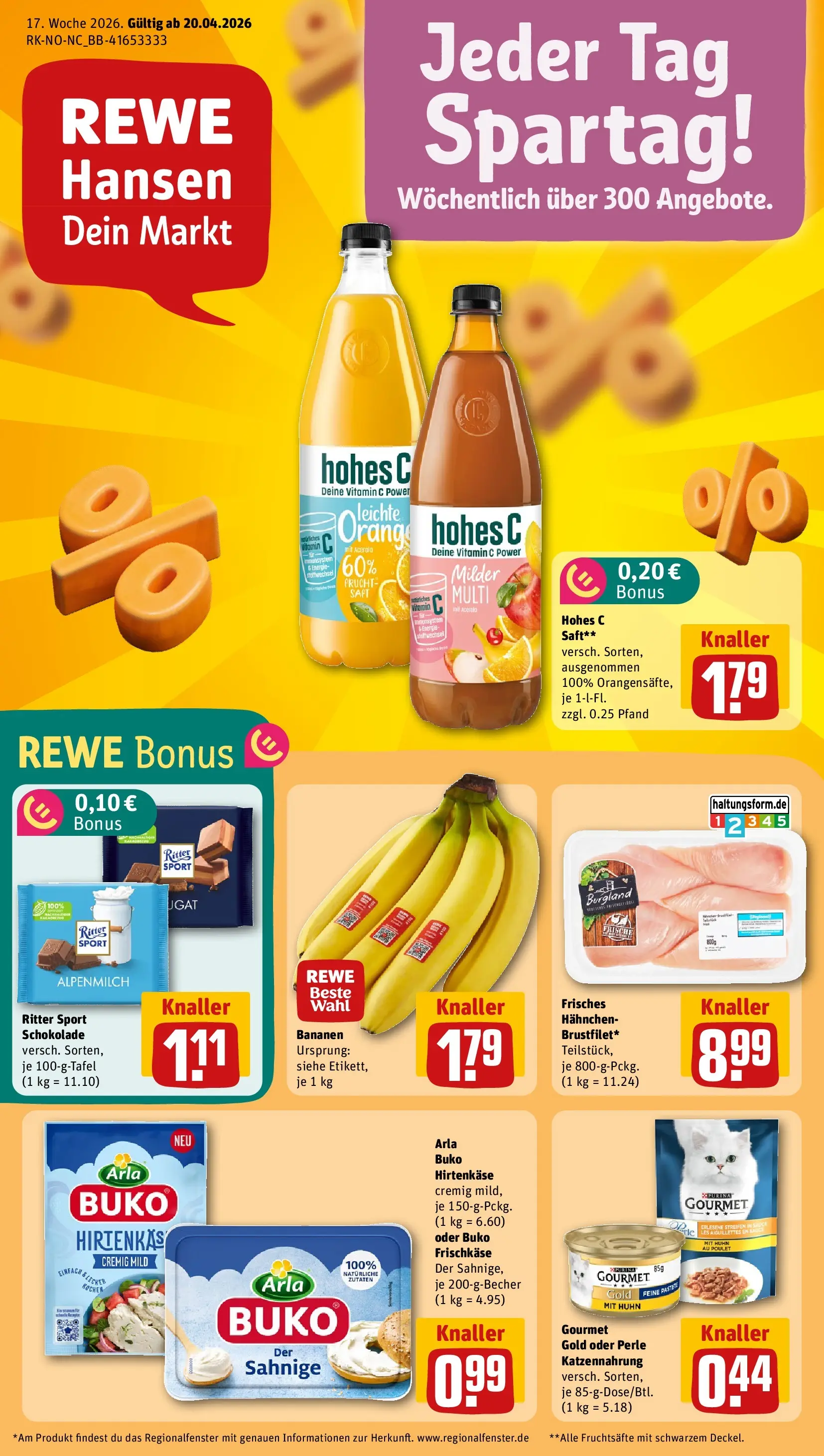 REWE Prospekt ab 20.04.2026 zum Blättern » Angebote | Seite: 1 | Produkte: Ritter sport, Bananen, Saft, Frischkase