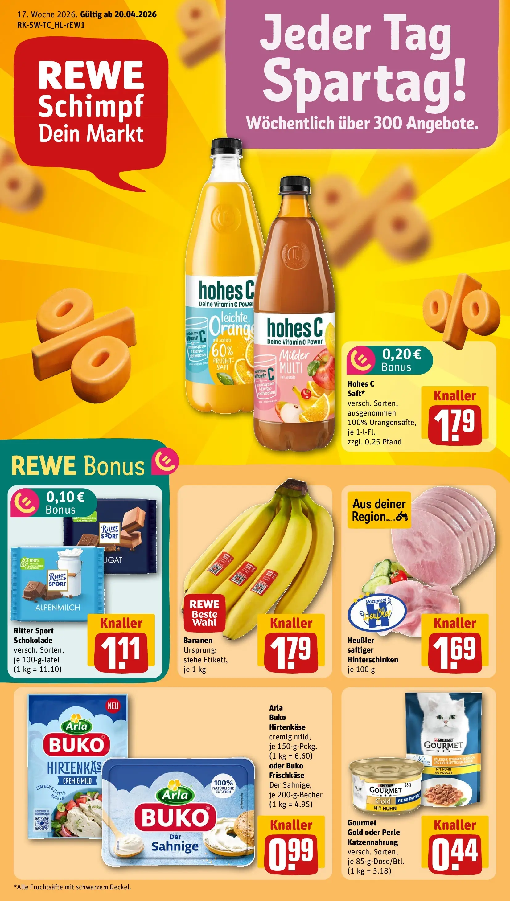 REWE Prospekt ab 20.04.2026 zum Blättern » Angebote | Seite: 1 | Produkte: Schokolade, Ritter sport, Hohes c, Frischkase