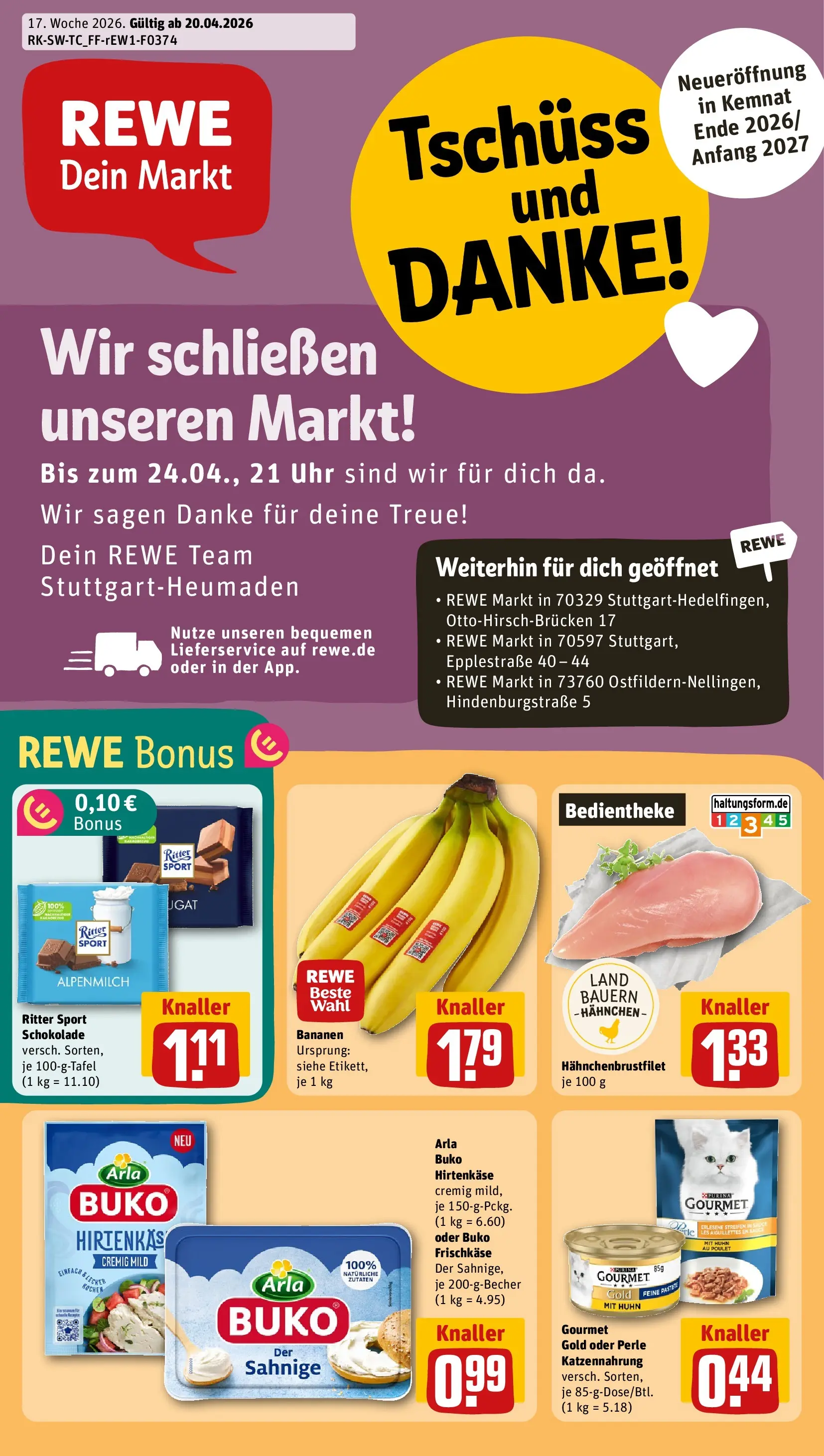 REWE Prospekt ab 20.04.2026 zum Blättern » Angebote | Seite: 1 | Produkte: Hahnchen, Bananen, Arla buko, Frischkase