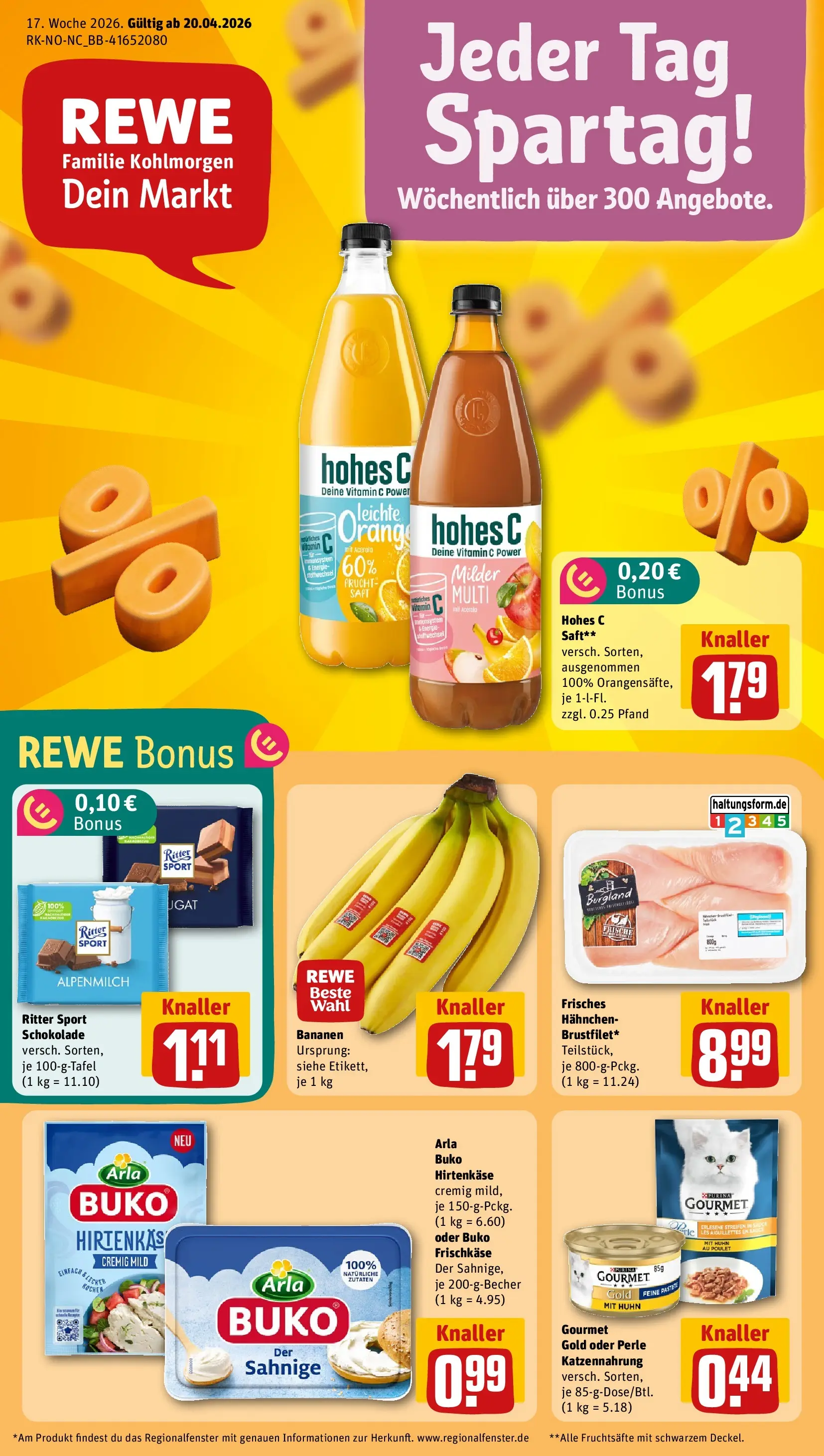 REWE Prospekt ab 20.04.2026 zum Blättern » Angebote | Seite: 1 | Produkte: Schokolade, Arla buko, Saft, Frischkase