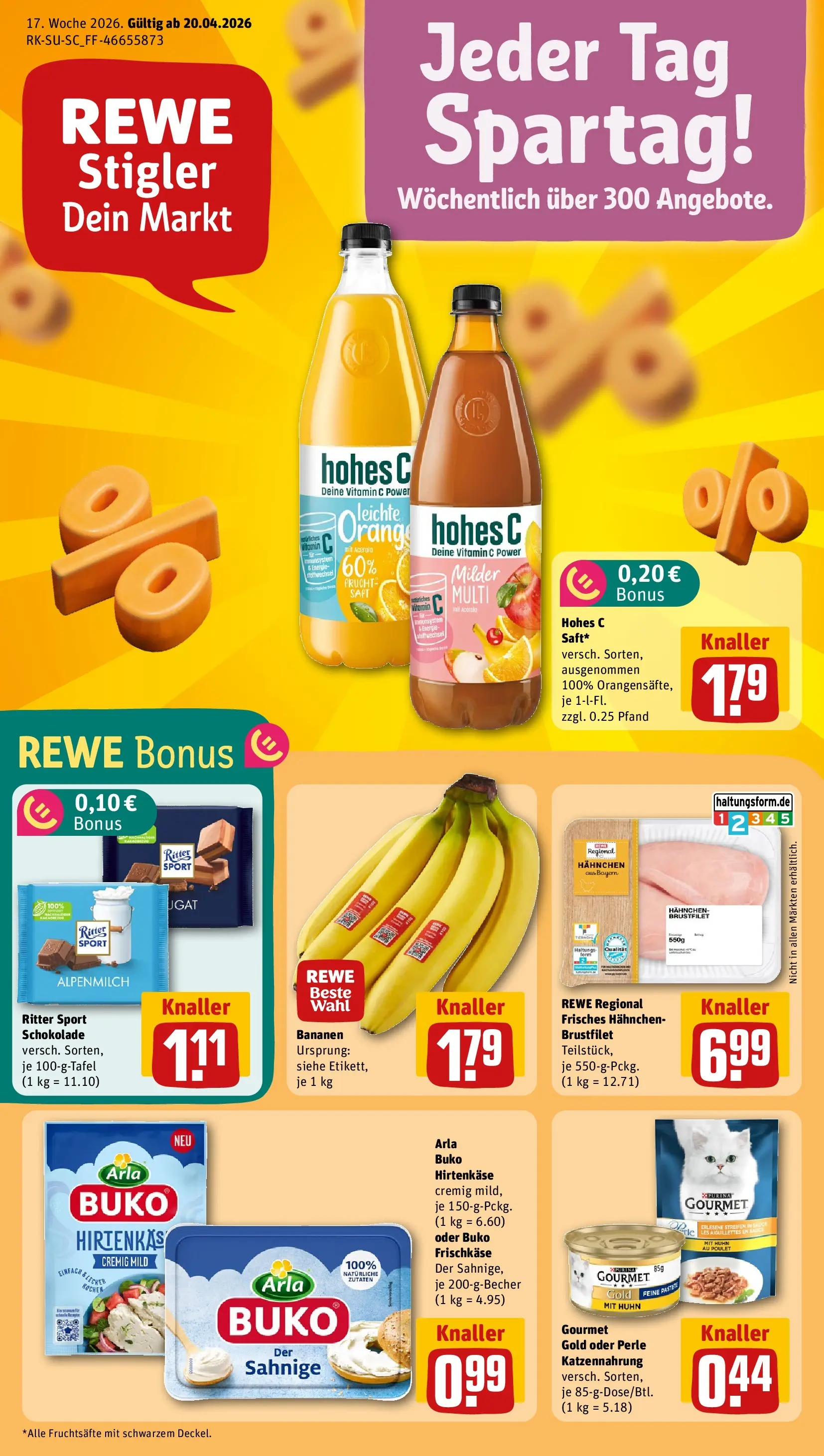 REWE Prospekt ab 20.04.2026 zum Blättern » Angebote | Seite: 1 | Produkte: Hahnchen, Schokolade, Hohes c, Frischkase