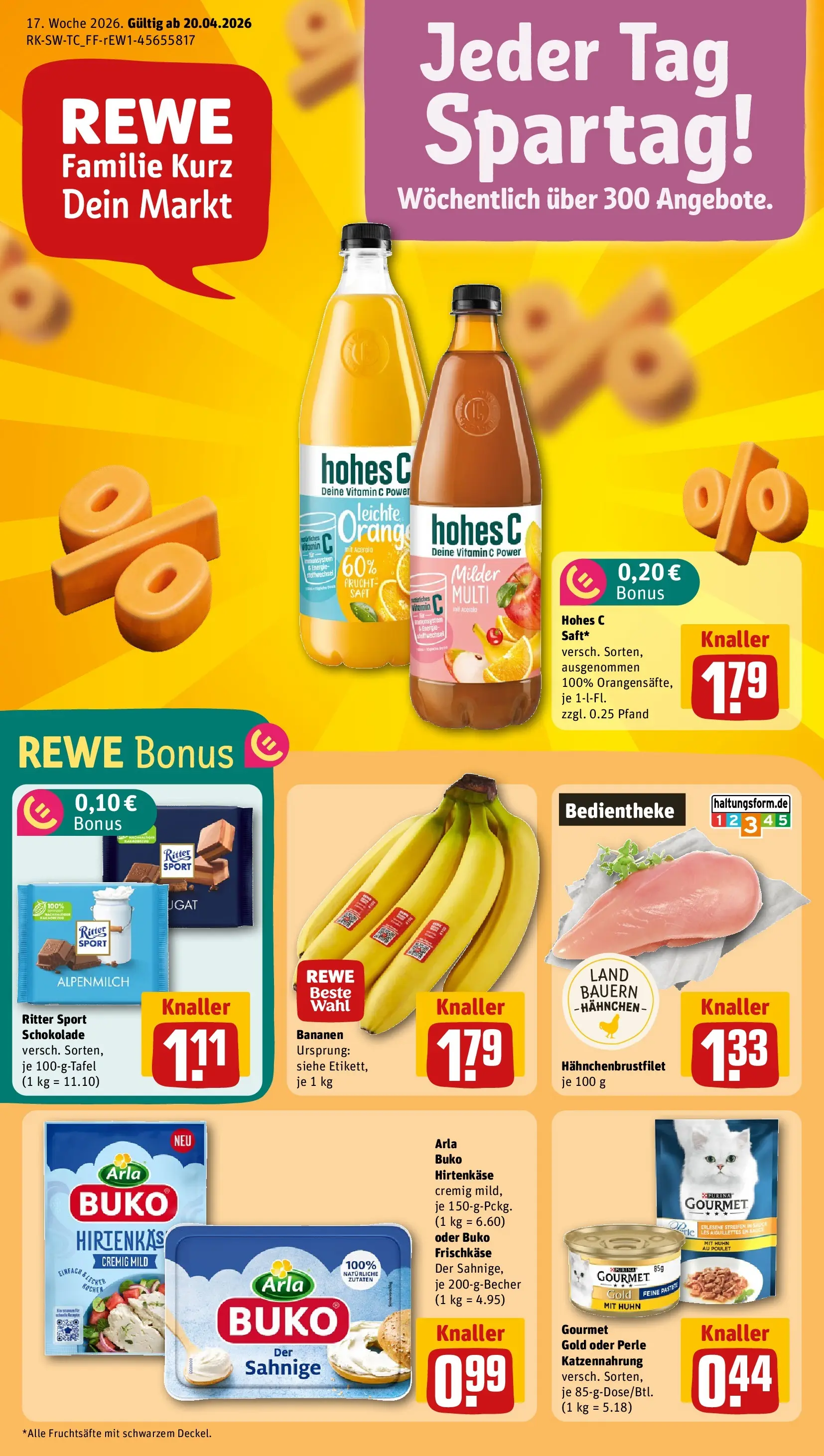 REWE Prospekt ab 20.04.2026 zum Blättern » Angebote | Seite: 3 | Produkte: Hahnchen, Schokolade, Hohes c, Frischkase