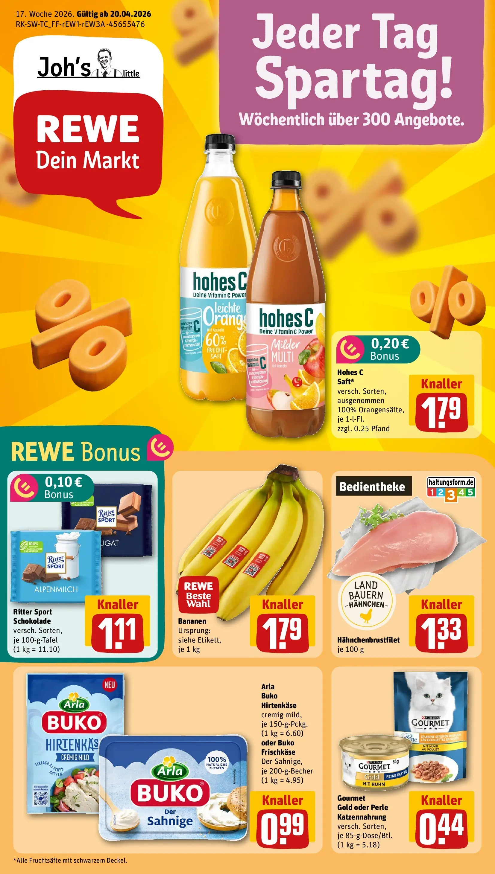 REWE Prospekt ab 20.04.2026 zum Blättern » Angebote | Seite: 1 | Produkte: Hahnchen, Ritter sport, Arla buko, Frischkase