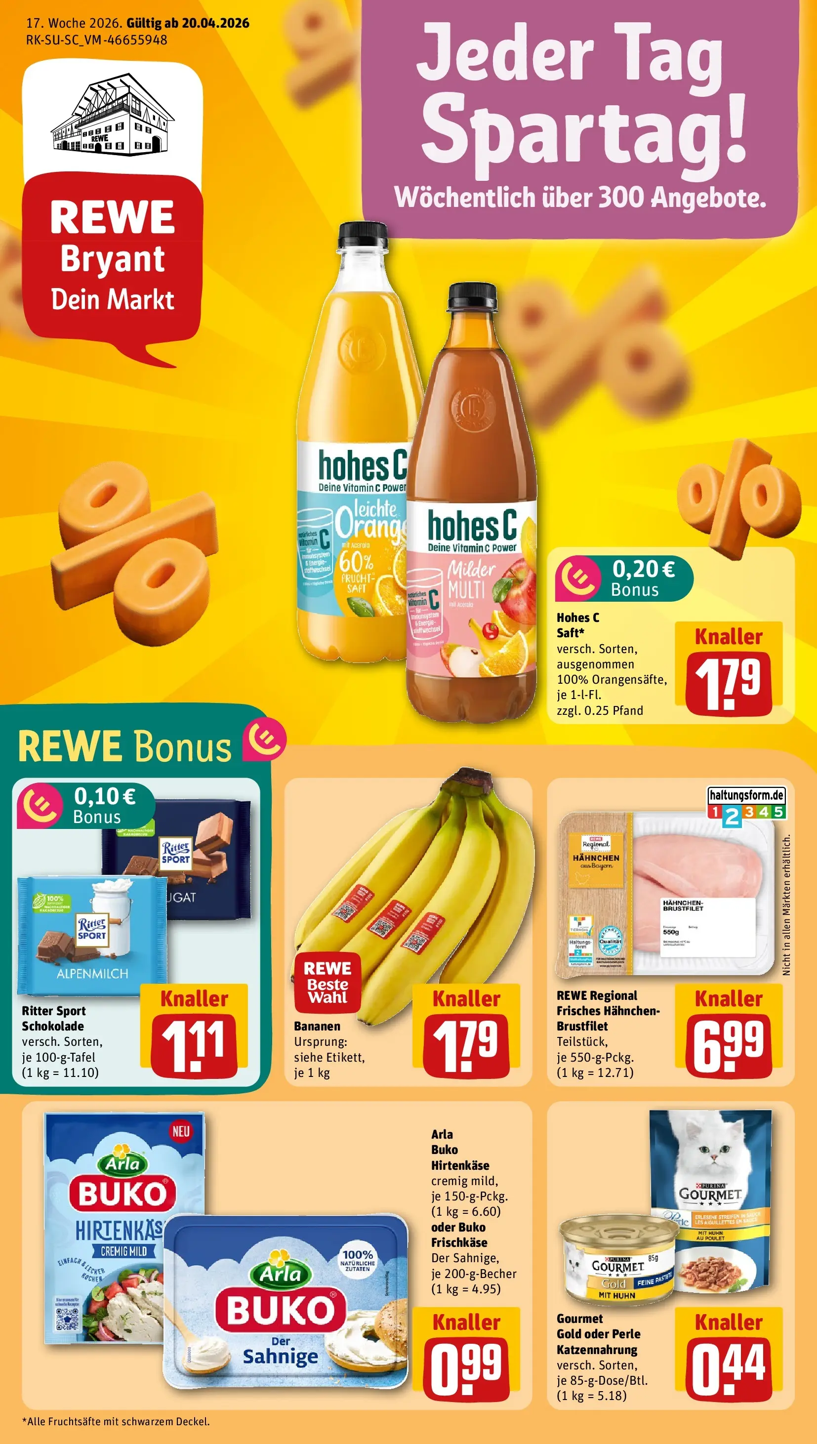REWE Prospekt ab 20.04.2026 zum Blättern » Angebote | Seite: 1 | Produkte: Hahnchen, Schokolade, Ritter sport, Saft