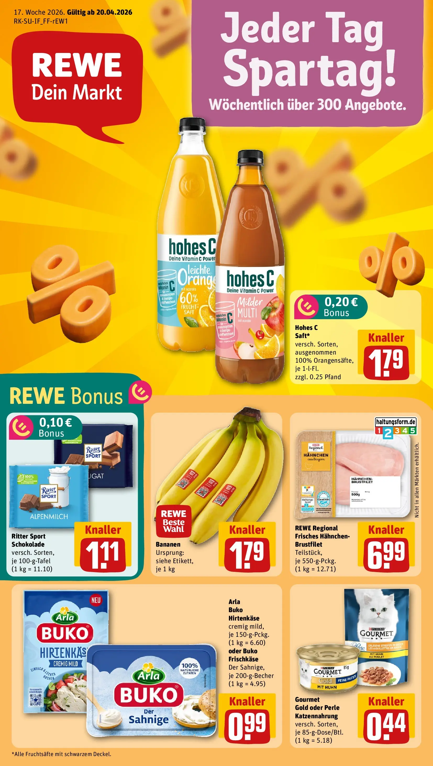 REWE Prospekt ab 20.04.2026 zum Blättern » Angebote | Seite: 1 | Produkte: Hahnchen, Arla buko, Hohes c, Frischkase
