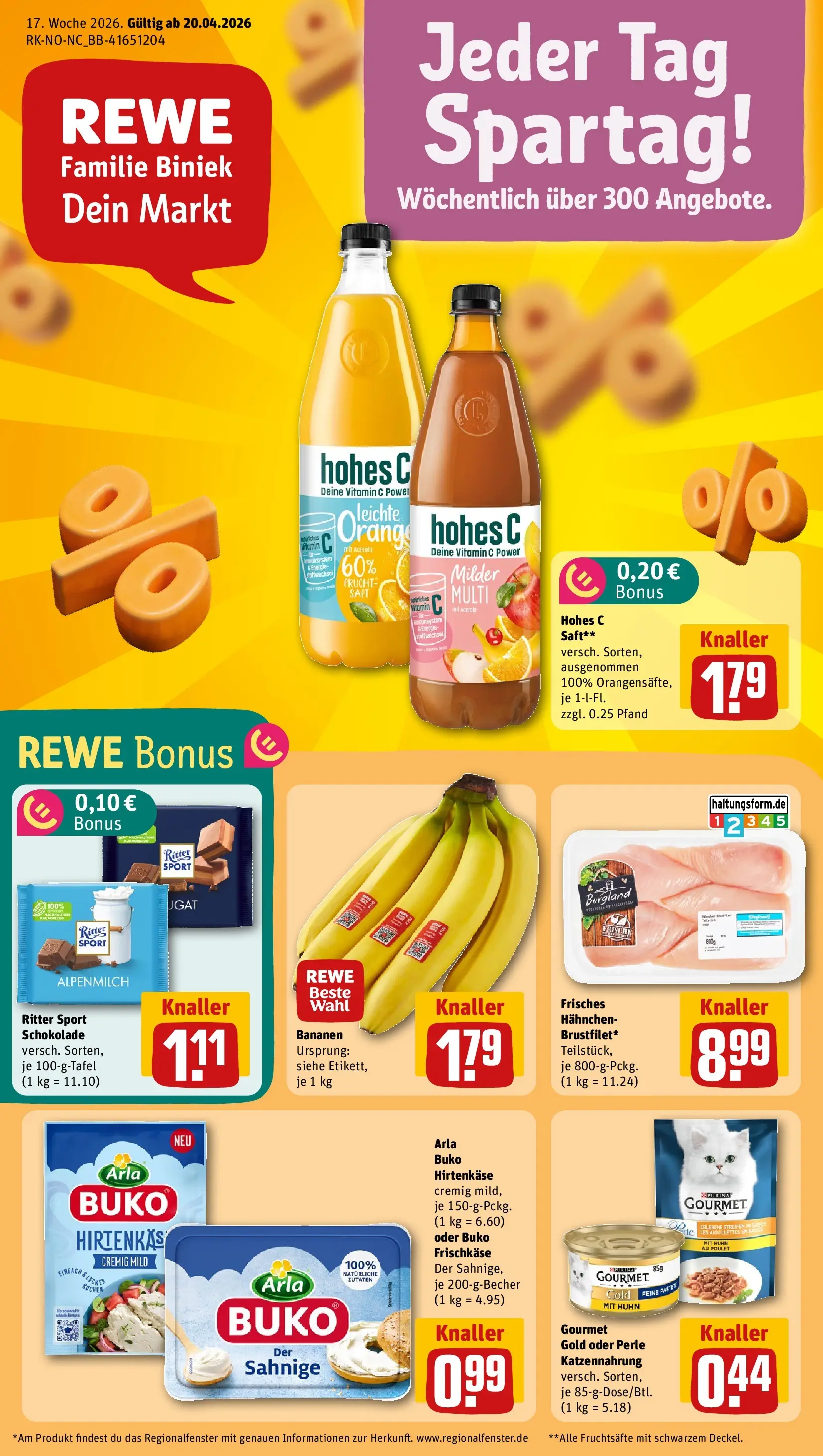 REWE Prospekt ab 20.04.2026 zum Blättern » Angebote | Seite: 1 | Produkte: Ritter sport, Arla buko, Saft, Frischkase