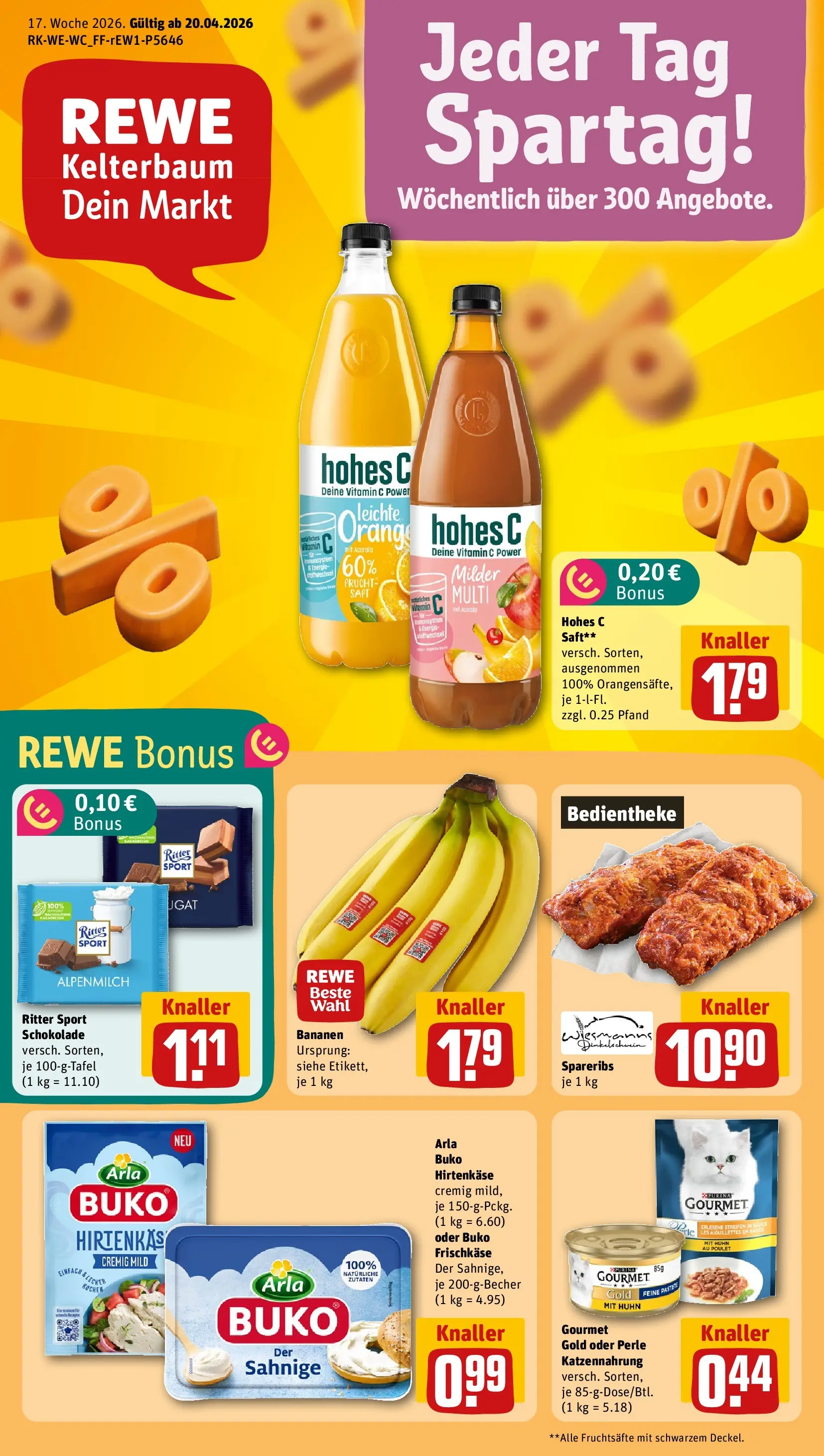 REWE Prospekt ab 20.04.2026 zum Blättern » Angebote | Seite: 1 | Produkte: Bananen, Arla buko, Hohes c, Frischkase