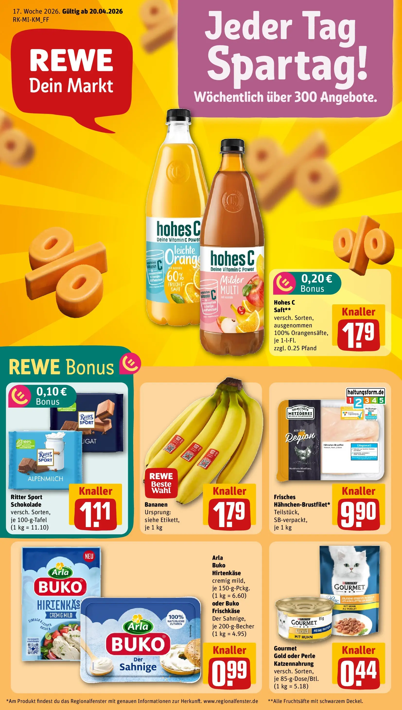 REWE Prospekt ab 20.04.2026 zum Blättern » Angebote | Seite: 1 | Produkte: Ritter sport, Bananen, Saft, Frischkase