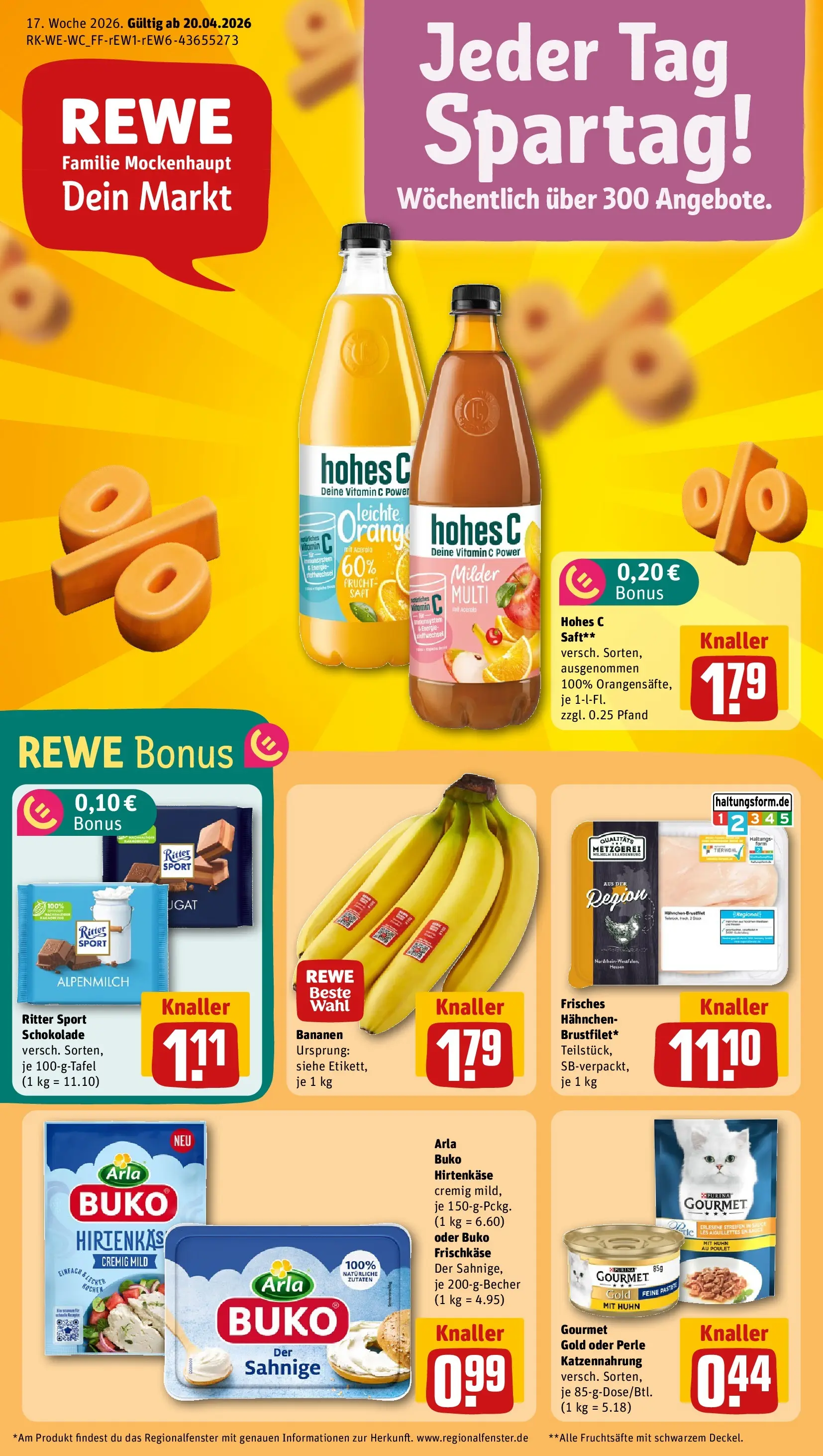REWE Prospekt ab 20.04.2026 zum Blättern » Angebote | Seite: 1 | Produkte: Hahnchen, Ritter sport, Bananen, Hohes c